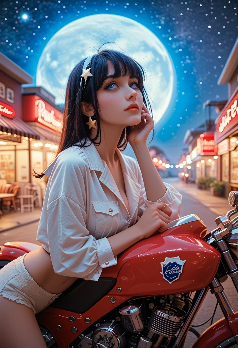 (masterpiece), (Best quality), (best detail), (distant general view), (postage stamp),(main color of the illustration: bright saturated red), (secondary color: lapis lazuli), red cafe racer motorcycle, driven by a woman with a provocative posture, very detailed chassis, futuristic western landscape, night (many stars, moon), Shading (detailed, great contrast), Very saturated colors of the pulp