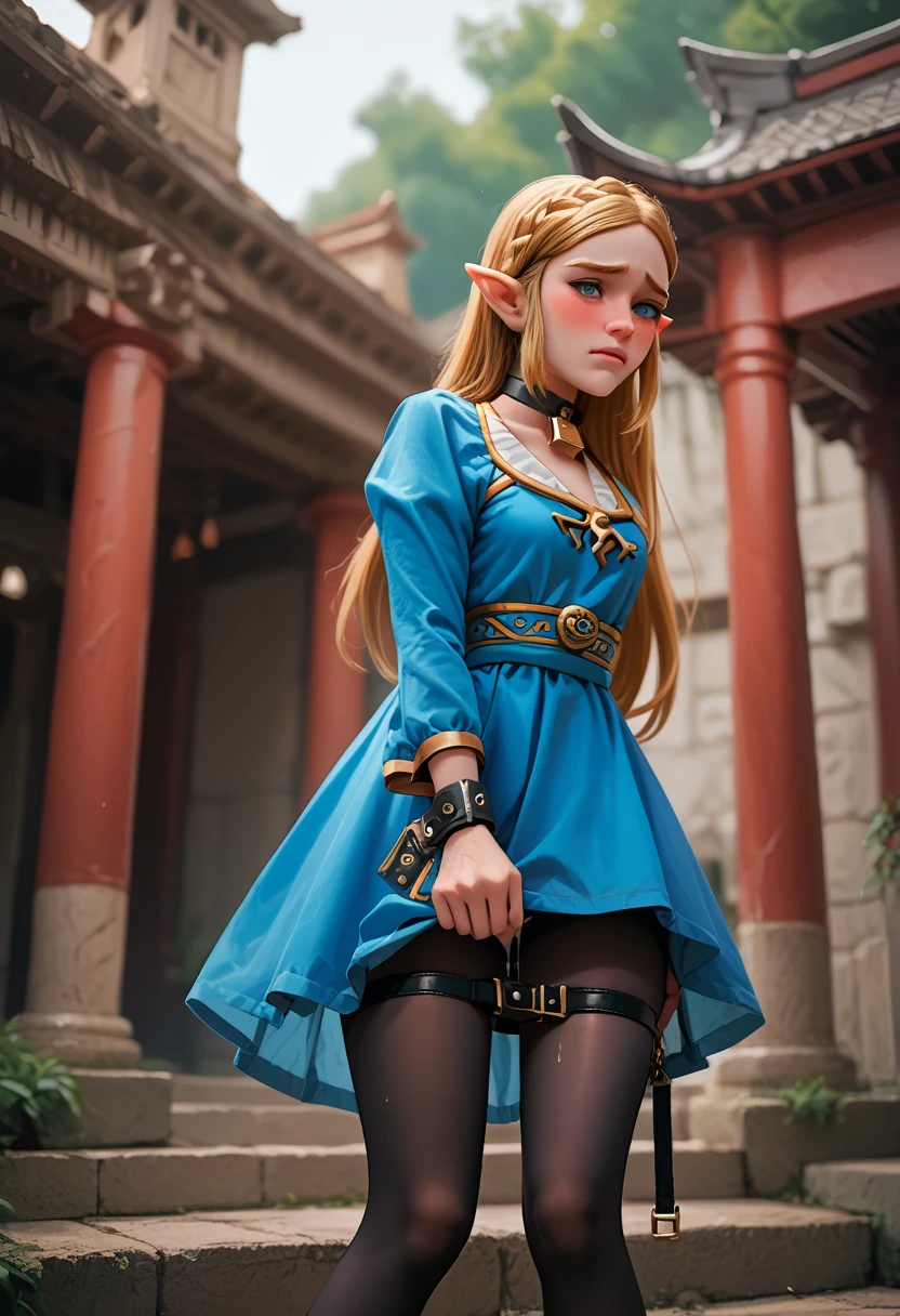 zelda in chastitiy belt, dripping, embarrassed, blushing, dress, temple, choker, cowbell, bending over, black pantyhose, blue heels, ankle cuffs, wrist cuffs, straight legs, skirt lift, solo, horny