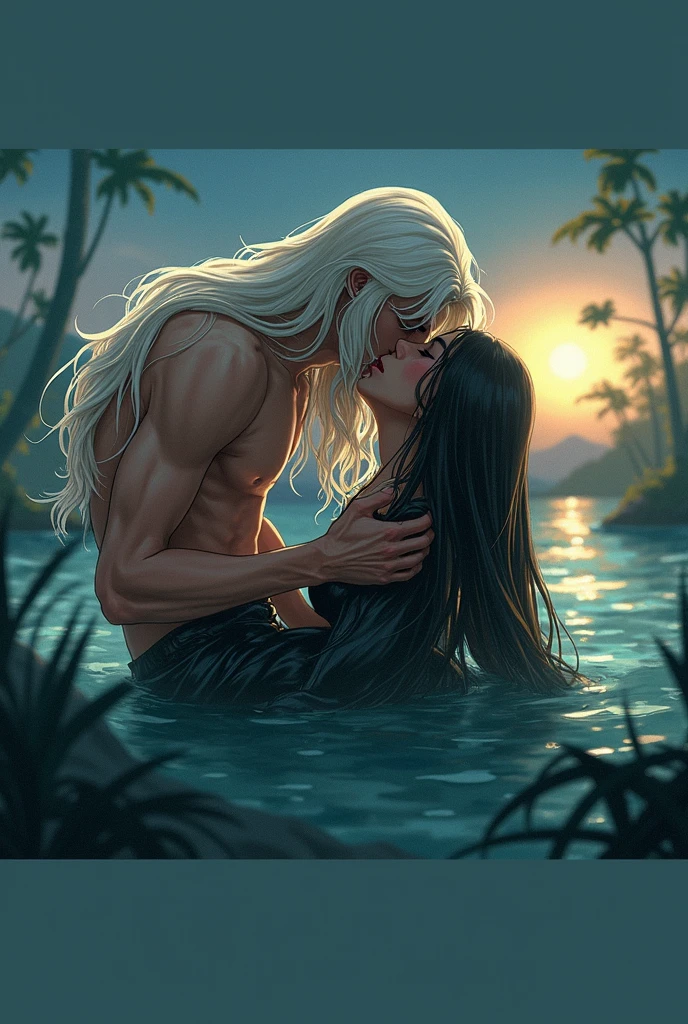 A couple bathing in a large river together, half the body submerged; the woman is Lily Collins with black curly hair, simple medieval white dress; and the man is Neels Visser blond-haired, shirtless; The two are swimming together in a river with waterfall and water is crystal clear, has a forest around, the image is extraordinary and very detailed.