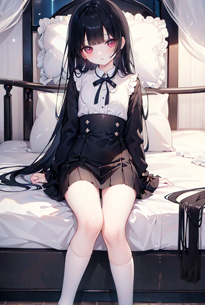finest, masterpiece, High resolution, upright(whole body), front, symmetry,black hair,In underwear,alone, (whole body from head to toe), small breasts, long hair,messy hair, black pantyhose, composition Show me your white panties, slender beautiful legs, very beautiful 17 year old girl (not wearing shoes) calm your feet, shy big eyes, messy hair, looking at camera, Show me your white panties, white ruffle lingerie