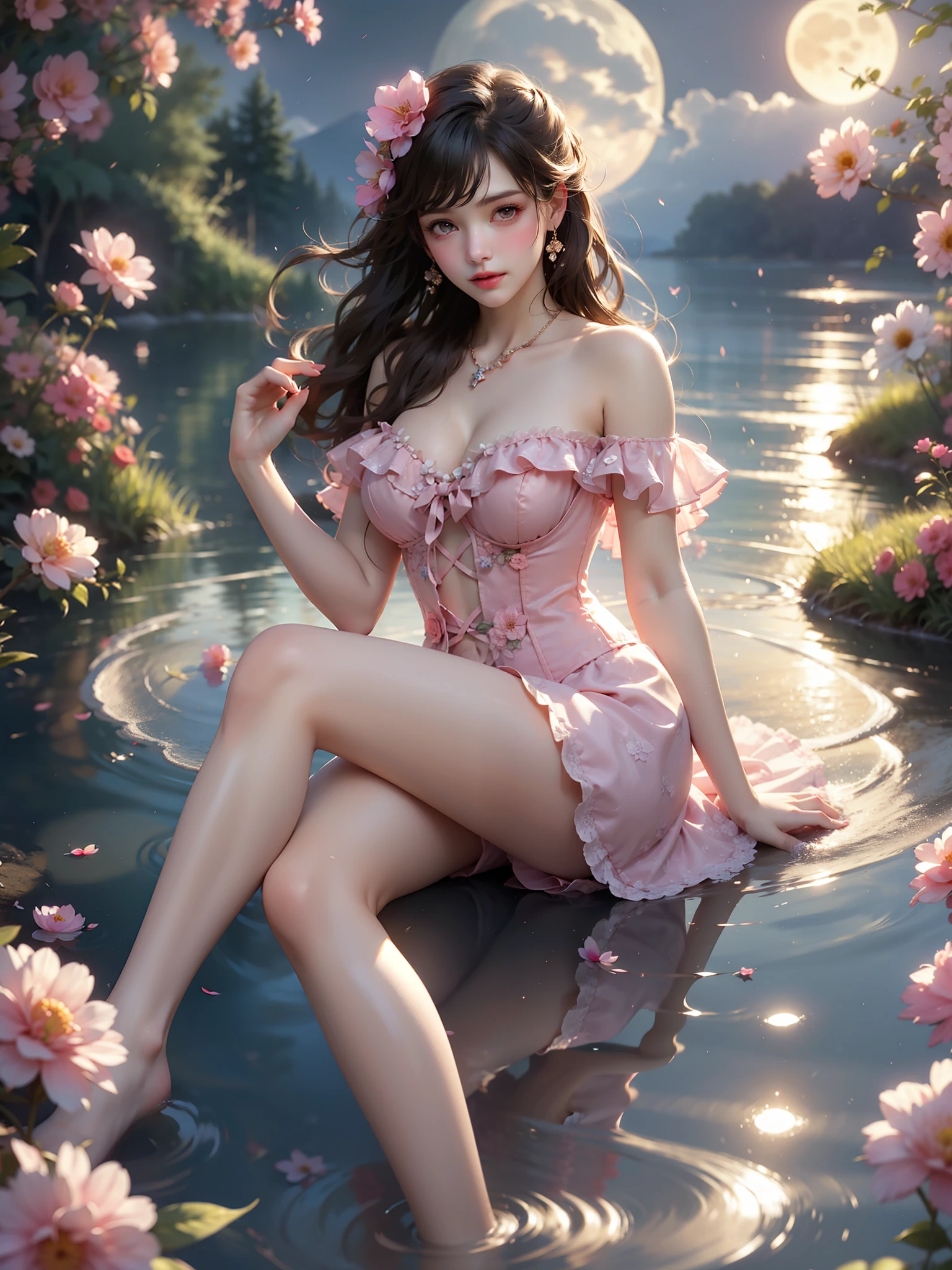 wearing a corset, (High quality details), 1 Girl, solo, Young women, Elegant Posture, ((night, moonlight)), (Female figure，Lying position，Lie flat in the water，Relaxed expression), (Focus on natural body posture and correct anatomy:1.3), (Perfect leg proportions:1.3)，(True and accurate leg shape:1.2), ((Natural leg position)), The skirt is very short, One hand stroked the hem of the skirt, Lift the hem of your skirt, Bare shoulders, Natural posture, Soft expression, Exquisite makeup, Soft blush, Bright Eyes, Soft lips, Flower fairy style, ((Anatomically accurate)), (Real natural legs), Smooth skin, Soft lighting, high resolution, 8K Ultra HD, Clear focus, Professional photography effects, Random elegant scenes, Multi-angle shooting