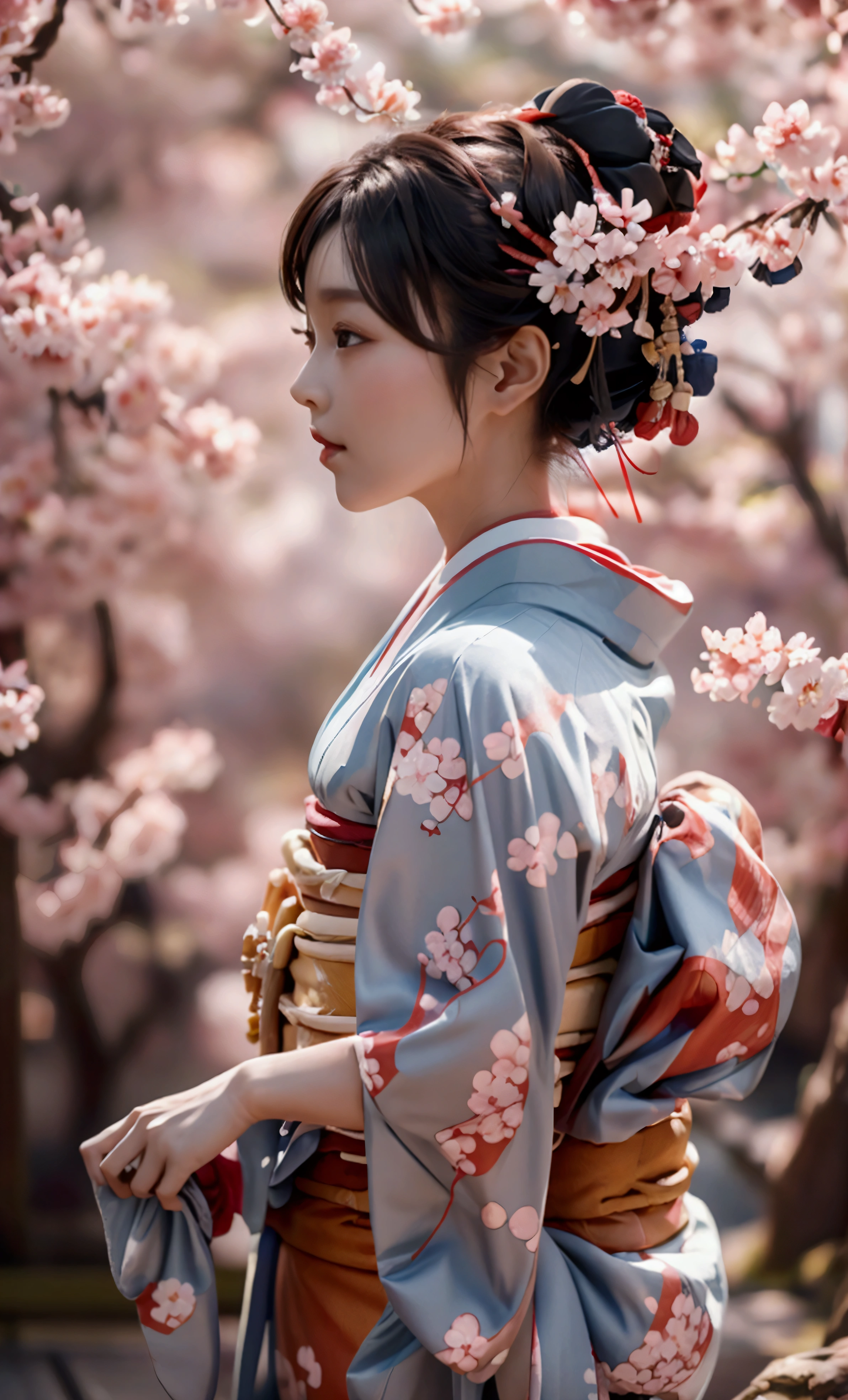 high quality masterpiece Super Resolution One Woman (kimono) (Japanese) sakura Flower pattern kimono Cherry blossoms in the background Fluttering petals Standing posture Lower your gaze