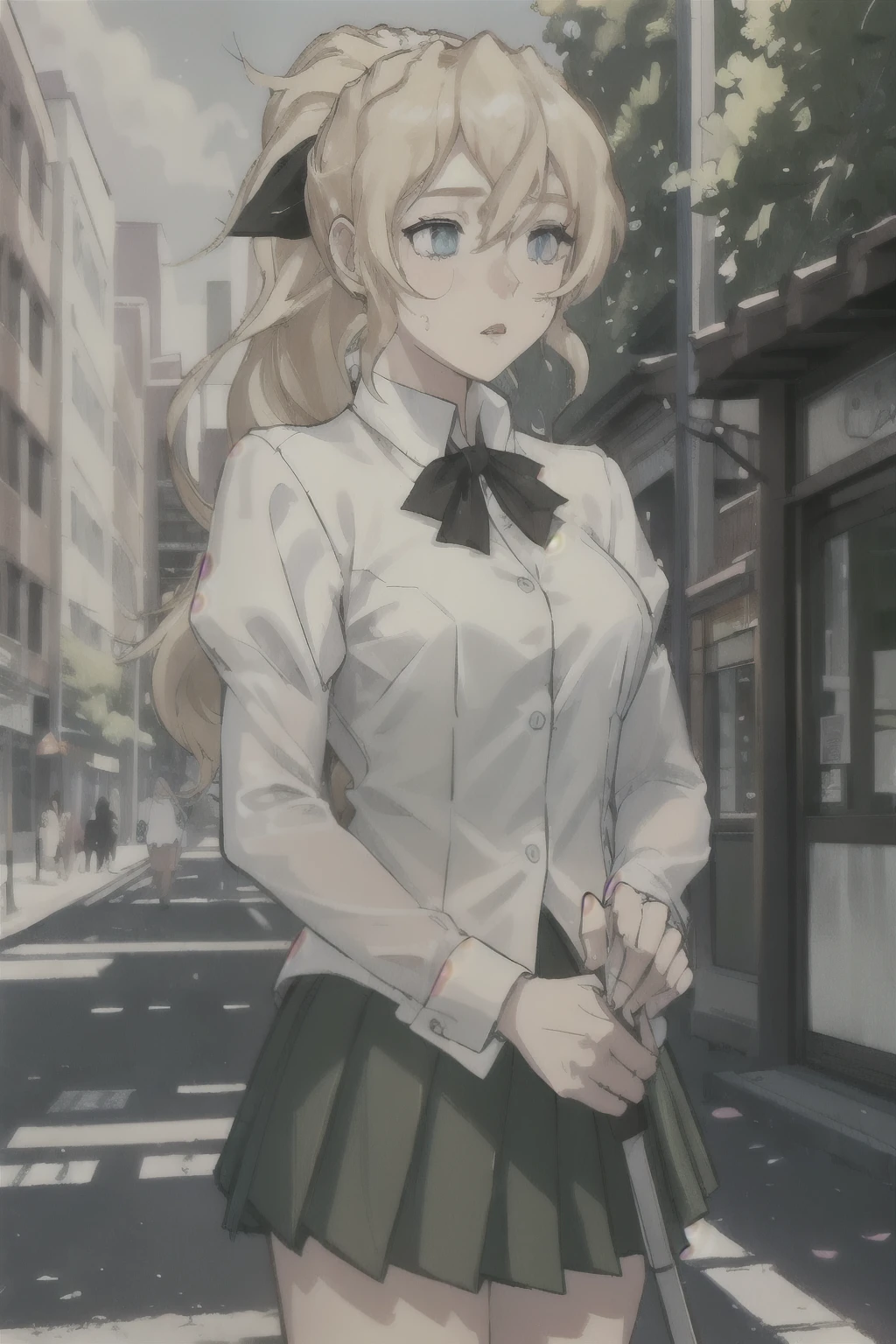 (masterpiece:1.2), ultra detailed, Lilly, empty eyes, ponytail, school uniform, white shirt, green skirt, street, shops, white cane, best quality, looking up, people, blind, wet clothes