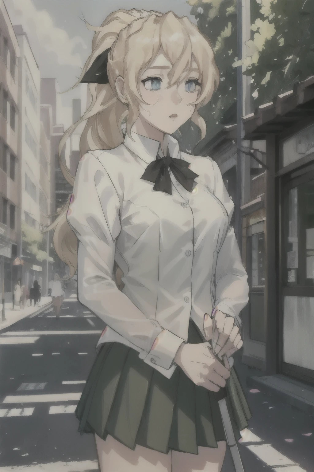 (masterpiece:1.2), ultra detailed, Lilly, empty eyes, ponytail, school uniform, white shirt, green skirt, street, shops, white cane, best quality, looking up, people, blind, wet clothes