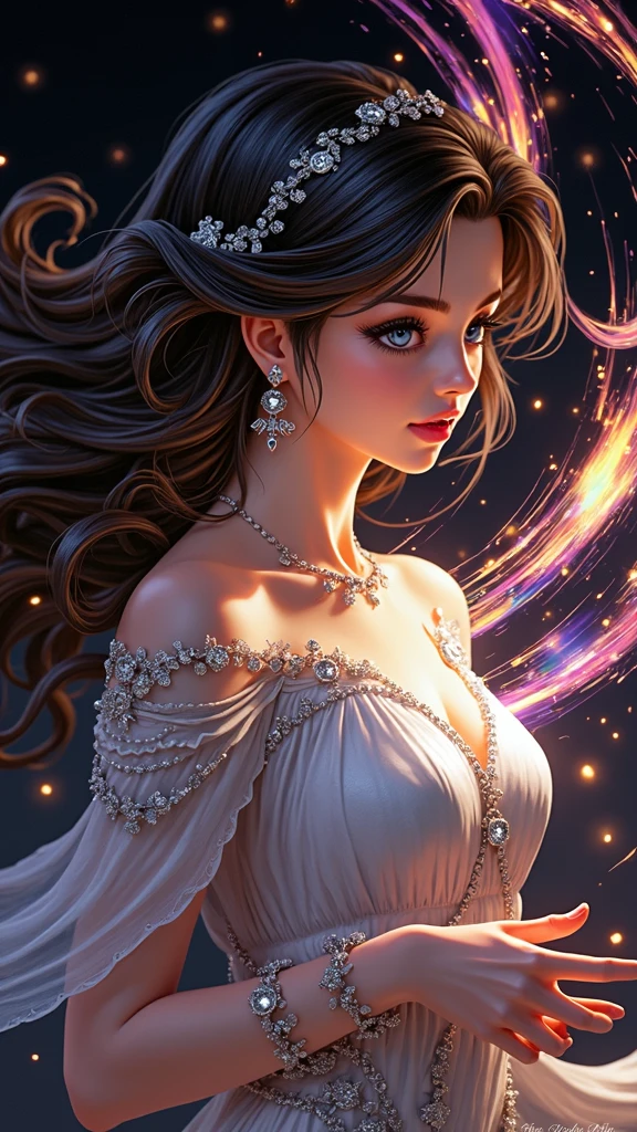 Style-NebMagic, award winning character concept art the Belle from Beauty in the Beast, solo, dark brown_hair, beautiful gossamer shimmer gown that is multicolored, brown eyes, smile, cleavage, large_breasts, lips, wavy hair ,looking_at_viewer, eyelashes, solo, full body, highly detailed 8k character concept portrait studio lighting by Annie Leibovitz and Steve McCurry octane render trending on artstation made in Maya 4K high quality digital painting dramatic lighting,