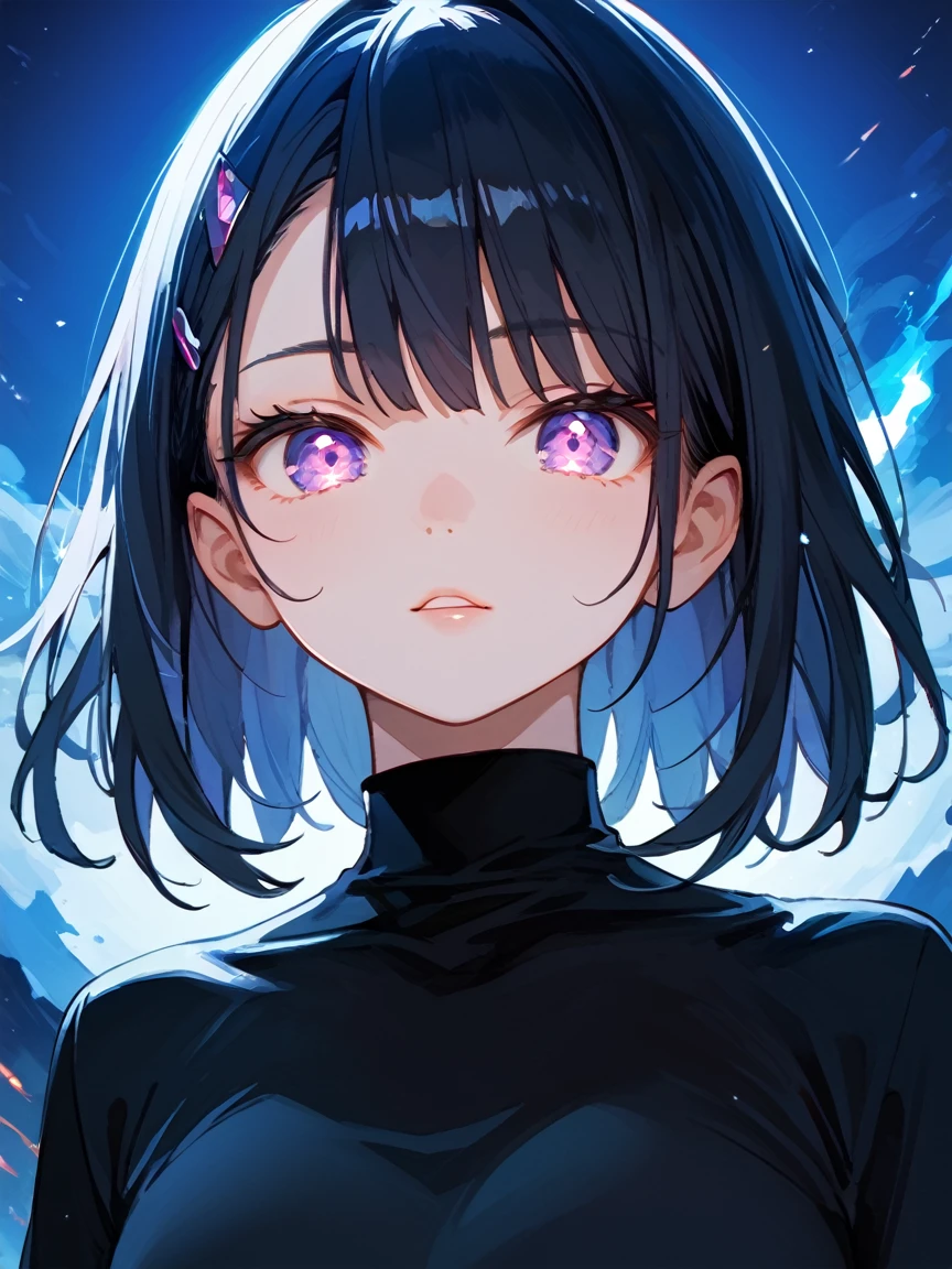 score_9,score_8_up,score_7_up,score_6_up, source anime,masterpiece,best quality,ultra detailed eyes,BREAK, 1girl, solo, tall female, medium hair, straight hair, black hair, purple eyes, glowing eyes, black shirt, upper body, blue theme