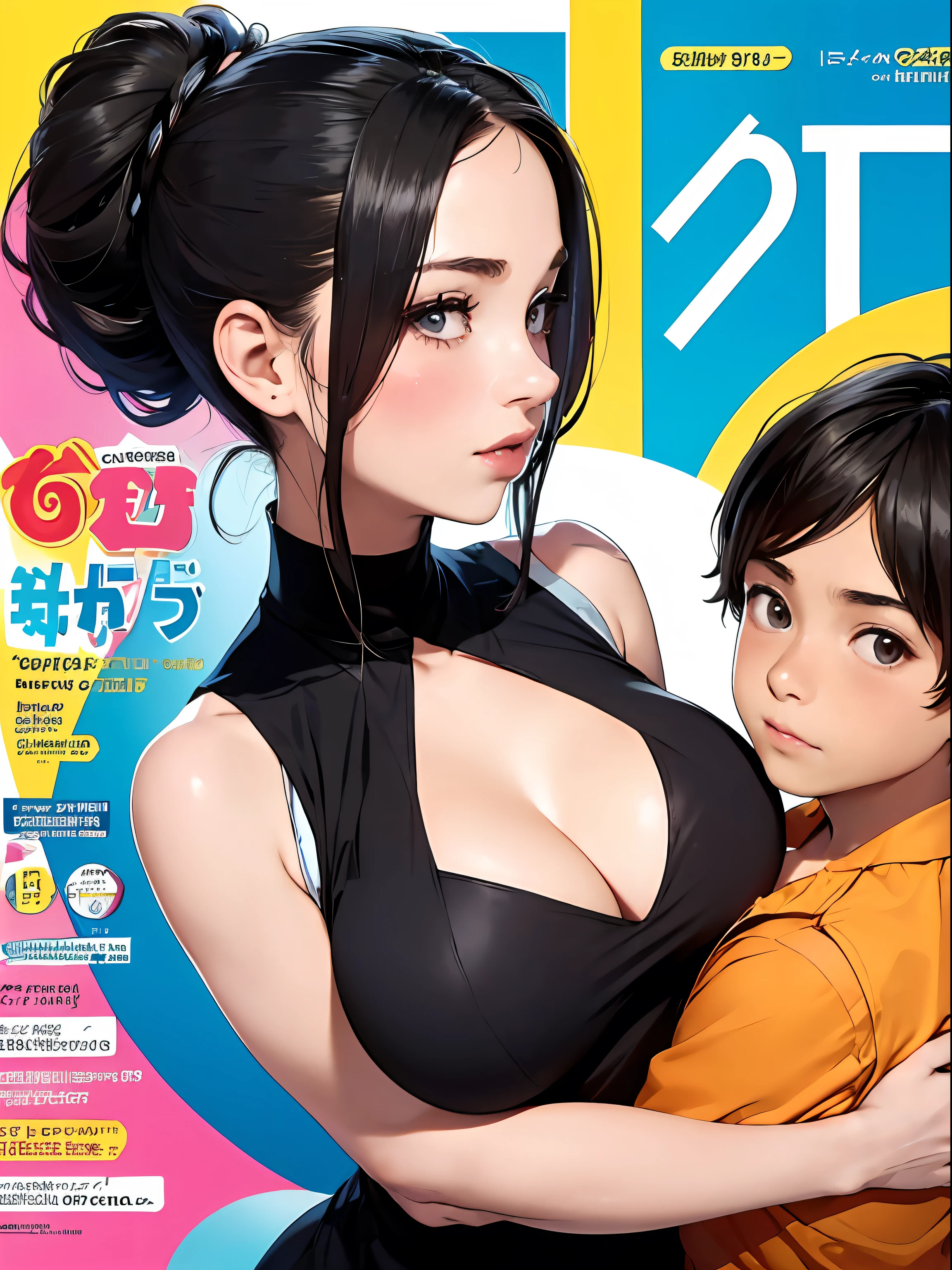 (colorful adult Magazine cover with lots of text)，(close-up:1.2)，pajamas， 1girl，Grasp by hand，(mother and son:1.5)，(kiss:1.2)，(A  boy:1.4)，(hug)，(1boys:1.6)，{3 lactating woman},drunken eyes,Side Chest,open at the chest,disproportionate breasts, Nipples standing up,sweat,((Sleeveless,sensual low-necked , open neckline:1.3)),{hairbuns，Women's hairstyle}, (areola:1.4)，Ultra-fine face, detailed eye, Double-fold eyelids，ssmile，pervert