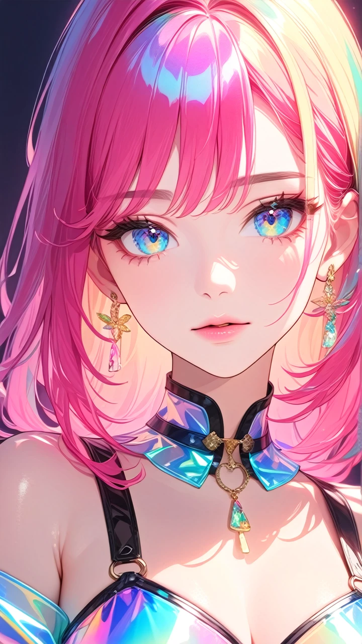 (Masterpiece, best quality:1.2, ) 1 girl,multicolor hair,beautiful, transparent color PVC clothing, transparent color vinyl clothing, prismatic, holographic, chromatic aberration, cute, detailed eyes, detailed lips, long eyelashes, vivid colors, studio lighting, physically-based rendering, portraits