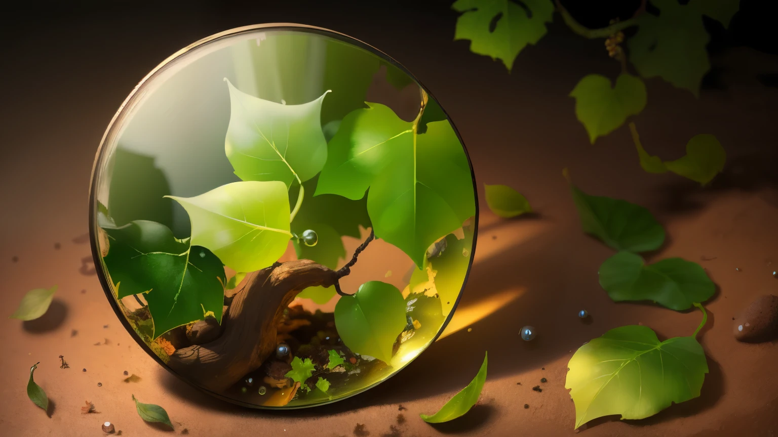 masterpiece, best quality, gem, [绿gem, 发光gem, nature, Leaves, ivy, grapevine, (Leaves in glass]:1), dirt,