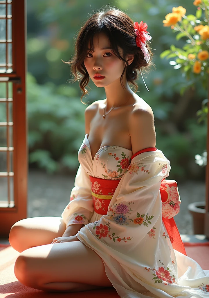 (Raw photo:1.2), (It&#39;s photorealistic), beautiful detailed girl, very detailed eyes and face, beautiful detailed eyes, huge file size, high resolution, very detailed, best quality, [muste piece:1.6], illustration, very detailed, fine detail, best quality, 8K Dende Wallpaper, movie lighting,15 year old girl, taking off one&#39;s kimono, Japanese style room, on top of tatami, untying the obi, White braが見えている, no top, about to take off one&#39;s kimono, In the middle of dressing, while changing clothes, White bra, new year hair ornament, short bob hair, expression looking down, Bra straps are out of place, I can see my underwear,  kimono is open, I can see white cotton pants, slim body, young face, small breasts, 正月の飾りつけをしたJapanese style room