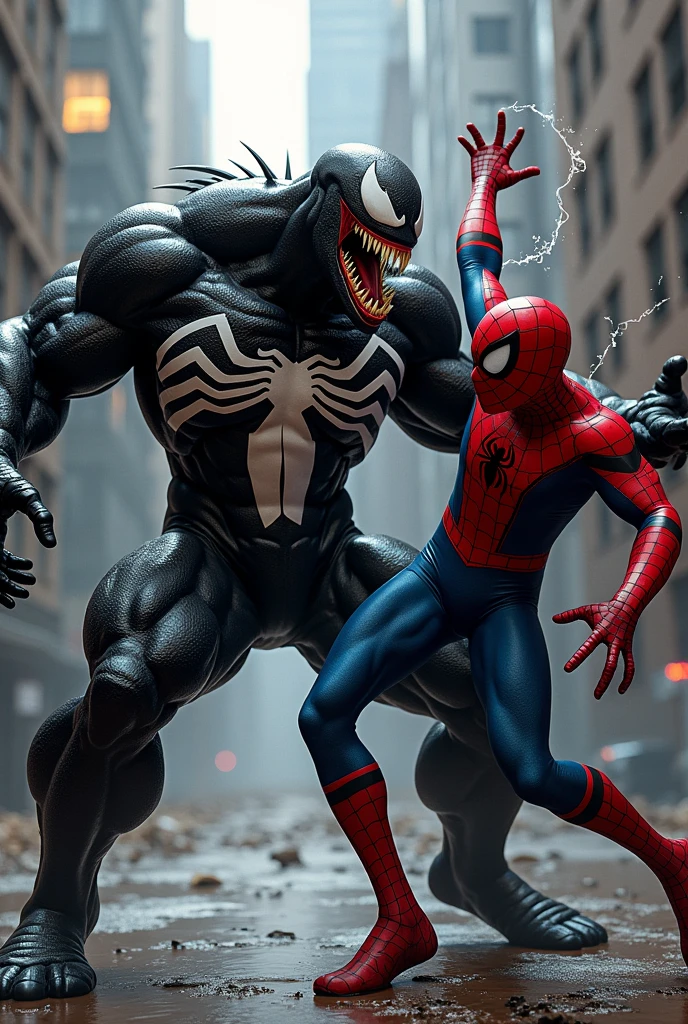 Spider-Man fights with every fiber of his being, trying to maintain control as the creature feeds his darkest doubts and fears. The villain, the venum simbiose, absorbs and amplifies Peter's inner chaos, turning him into a devastating force. In the midst of the confrontation, Peter realizes that in order to defeat this threat, he will have to face the truth he fears most: the darkness within him. Retro comic style artwork, perfect composition,hyperrealistic,super detailed,high quality,sharp focus,studio photo,intricate details,highly detailed