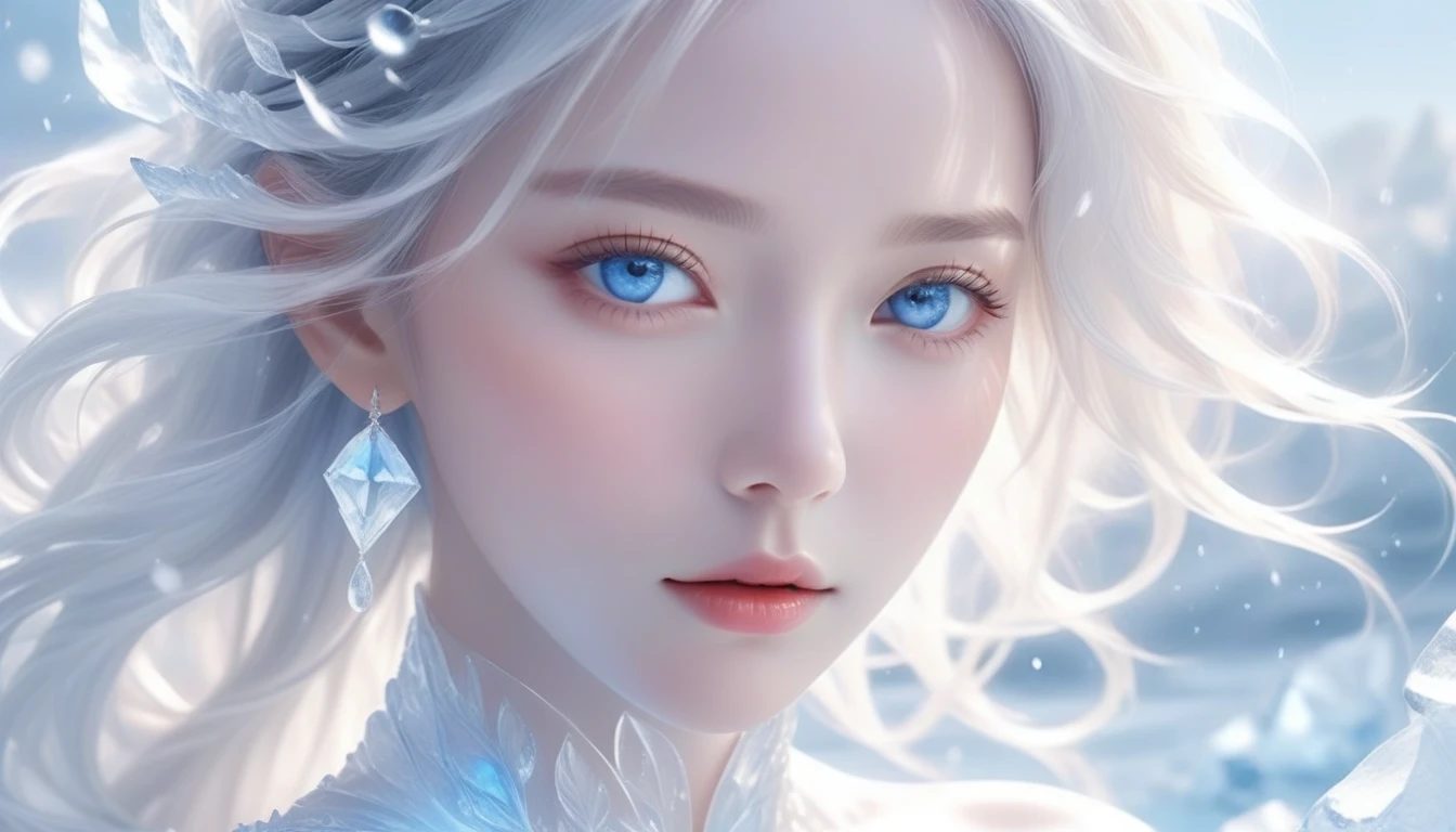 A Masterpiece In 32K Resolution, Supreme Quality, Super Detail, Official Art, Very High-Resolution 32K Wallpaper, Beautiful And Aesthetic, Ultra-Detailed Features, Awe Inspiring Detail. A Serene Scene With (Snow And Ice Petals), (Intricate Ice Detailing), And Skin With Crystal-Like Texture (Highlight Her Ample Breasts). A Character With A Cold Expression, Delicate, Flowing White Hair, Slightly Messy But Elegant, And Striking Blue Eyes, Gazing Intently At The Viewer. Her Features Are Extremely Delicate And Breathtakingly Beautiful, Framed With Soft (Cinematic Lighting). (Highly Detailed Beauty), With Refined Facial Expressions And An Ethereal Atmosphere. The Water Reflects The Fine Details Of The Scene, With A (Beautiful Face) Rendered To Perfection. This Is An Original Figure Painting With Ultra-Precision, Showcasing An Incredibly Detailed And Delicate Figure. The Beauty Of Her Eyes Is Mesmerizing.