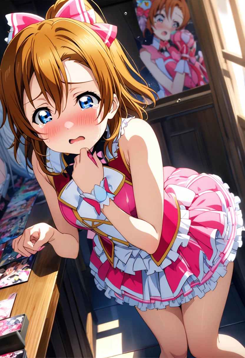 ((Pixel Perfect, Perfect detail))),(Browsing Caution),(nsfw), (Ideal body type), alone, alone girl, Honoka Kosaka, 1, blue eyes, chest, blush, anime, masterpiece, Highest quality, lovelive!, {{Honoka Kosaka: 1.5}} ((Detailed face, Highly detailed CG)),(Perfect hands, Perfect Anatomy),(lovelive,Idol Costumes:1.3), (Magical Girl Dress,: 1.3), (Frilled Skirt: 1.3), (White briefs: 1.3), ((Frilled Briefs:1.2)), ((brief Shot:1.5)), (Scared:1.2),(Tears in my eyes: 1.3), blush, m's, lovelive! A bedroom decorated with figurines and idol posters, blue eyes, Orange Hair, On one side, short hair,(Skirt rolled up,: 1.5), (grinding:1.6),