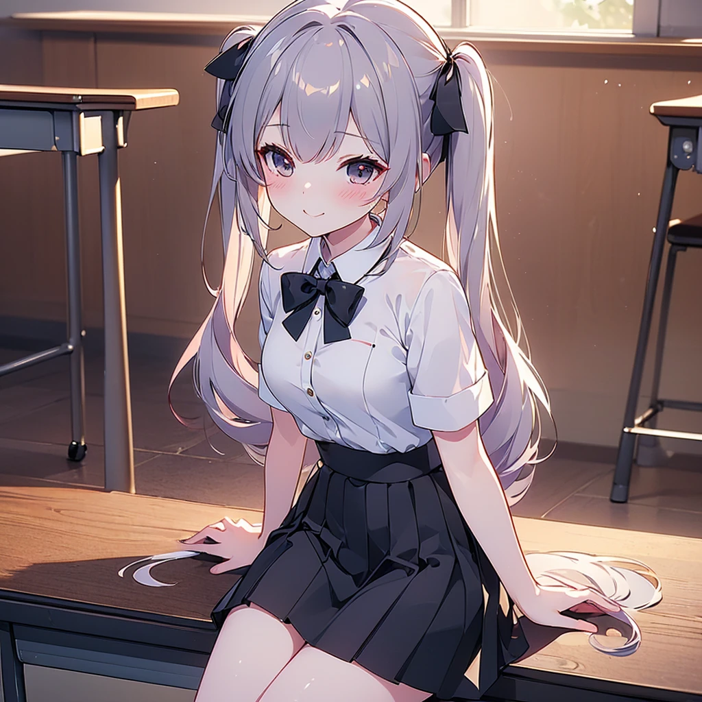 ((masterpiece)), ((Highest quality)), ((High resolution)), ((Highly detailed CG Unity 8k wallpaper)), alone, Tachibana Kanade, Black Skirt, White socks, A small smile, classroom、school uniform、bangs, Twin tails, Large Breasts, Blushing, smile, Sitting、Pants visible between the thighs、You can see inside her skirt