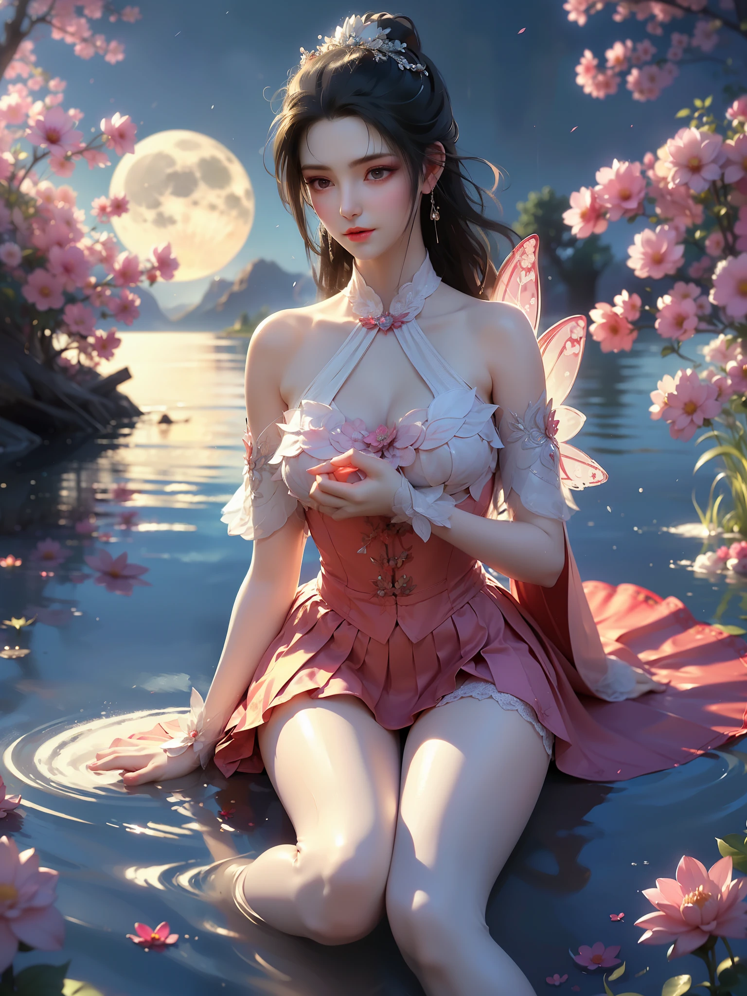  (High quality details), 1 Girl, solo, Young women, Elegant Posture, ((night, moonlight)), (Female figure，Lying position，Lie flat in the water，Relaxed expression), (Focus on natural body posture and correct anatomy:1.3), (Perfect leg proportions:1.3)，(True and accurate leg shape:1.2), ((Natural leg position)), The skirt is very short, One hand stroked the hem of the skirt, Lift the hem of your skirt, Bare shoulders, Natural posture, Soft expression, Exquisite makeup, Soft blush, Bright Eyes, Soft lips, Flower fairy style, ((Anatomically accurate)), (Real natural legs), Smooth skin, Soft lighting, high resolution, 8K Ultra HD, Clear focus, Professional photography effects, Random elegant scenes, Multi-angle shooting