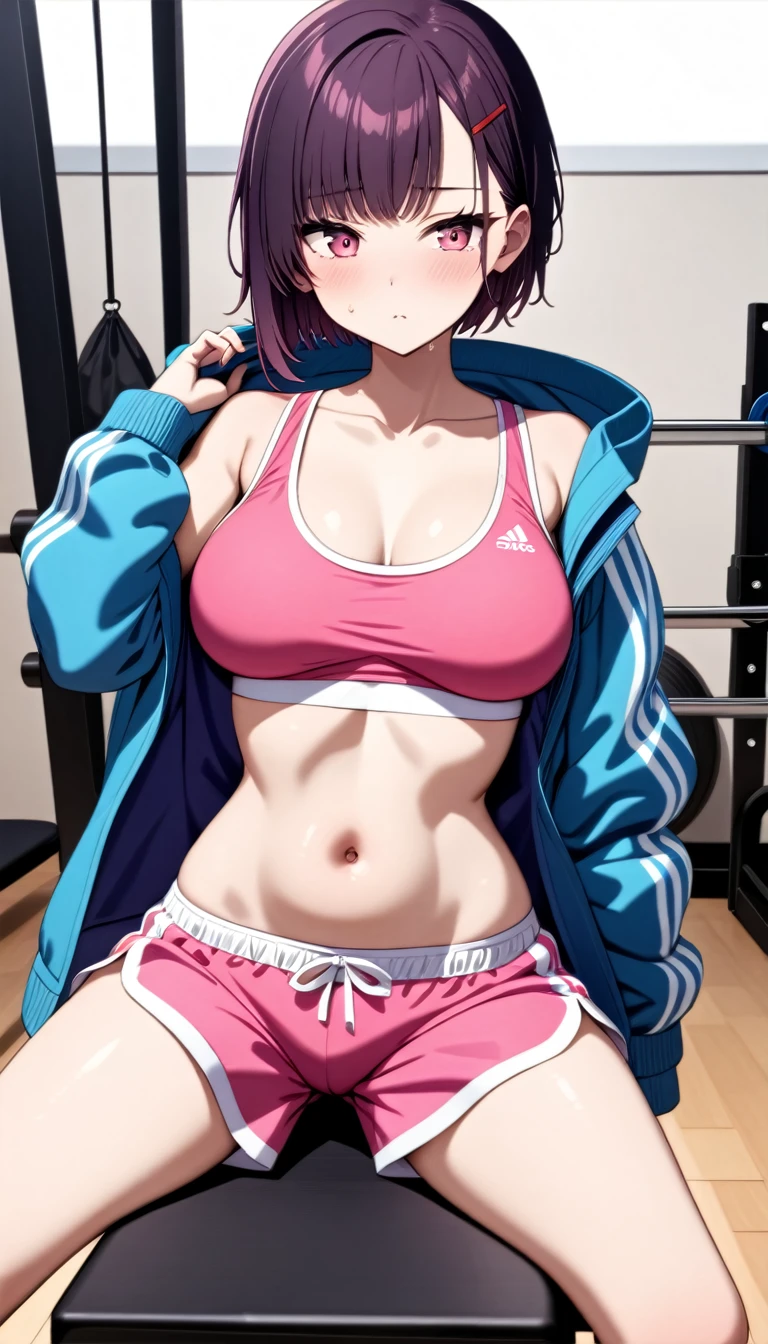 (masterpiece, Highest quality, so beautiful, Super detailed), Intricate details, One girl, Shizukazomu, short hair, Dark purple hair, bangs, hair ornaments, Hair Clip, Pink Eyes, White Eyes, Medium breast, clavicle, Blue jacket, off shoulder, Sporting goods, belly button, abdomen, pink tops, Pink shorts, indoor, gym, playing bench press