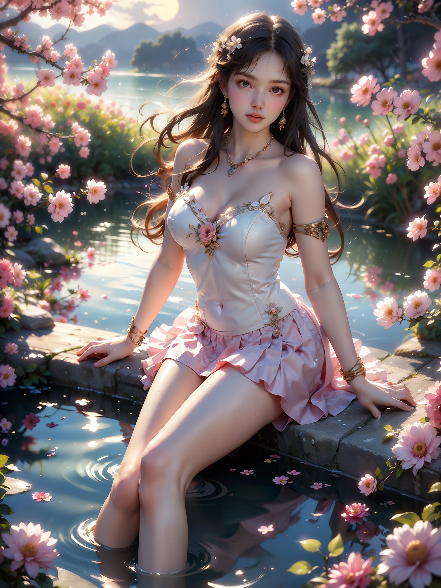  (High quality details), 1 Girl, solo, Young women, Elegant Posture, ((night, moonlight)), (Female figure，Lying position，Lie flat in the water，Relaxed expression), (Focus on natural body posture and correct anatomy:1.3), (Perfect leg proportions:1.3)，(True and accurate leg shape:1.2), ((Natural leg position)), The skirt is very short, One hand stroked the hem of the skirt, Lift the hem of your skirt, Bare shoulders, Natural posture, Soft expression, Exquisite makeup, Soft blush, Bright Eyes, Soft lips, Flower fairy style, ((Anatomically accurate)), (Real natural legs), Smooth skin, Soft lighting, high resolution, 8K Ultra HD, Clear focus, Professional photography effects, Random elegant scenes, Multi-angle shooting