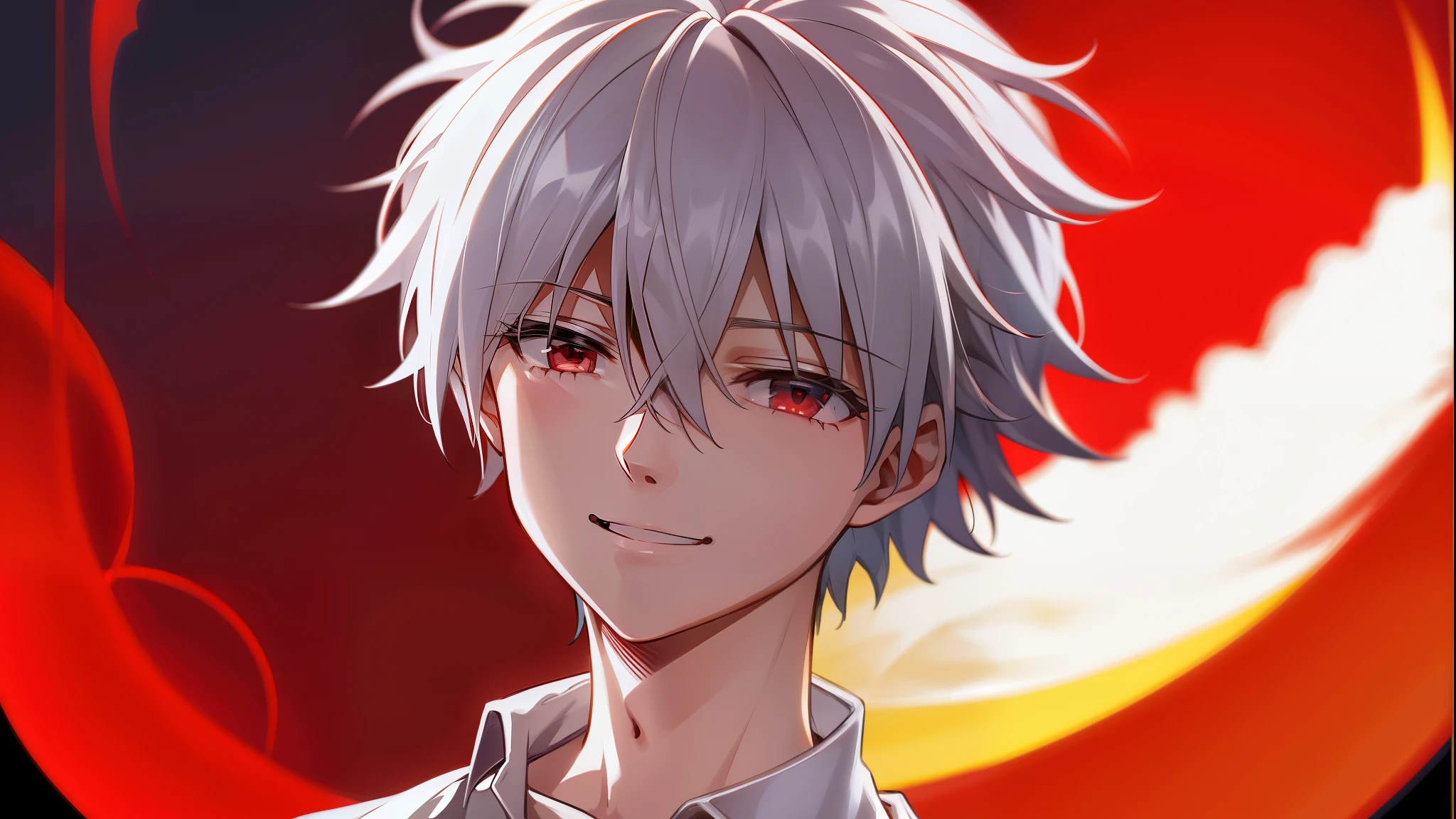 masterpiece,highres,highly detailed,male focus,1boy,独奏,kaworu nagisa, red eyes,grey hair,light smile,,Crimson Moon, Night Sky, dusk