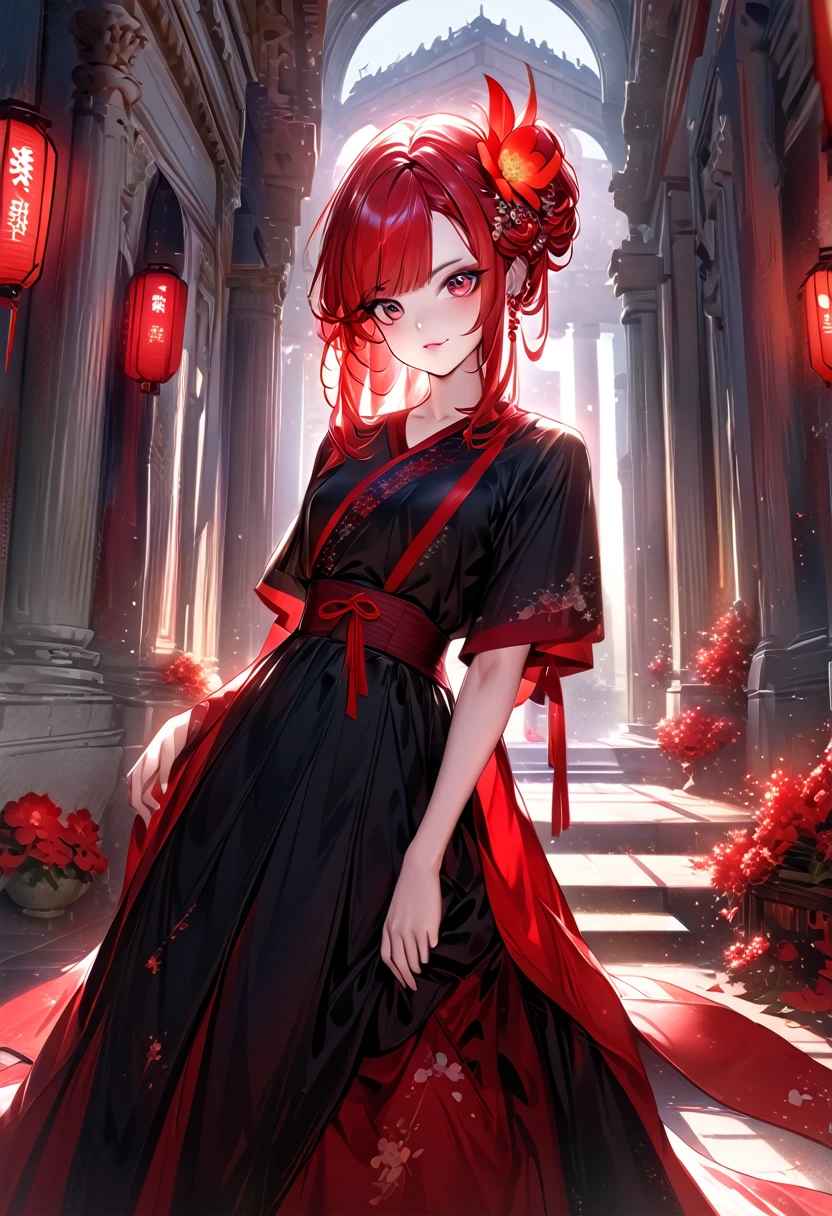 An anime girl in a red and black dress with a red flower in her hair., artwork in the style of Gouvice, Gouvice, Chinese girl, Trending on cgstation, Cute anime waifu in beautiful outfits, Gouvice on pixiv artstation, palace ， girl in hanfu, Beautiful digital art, Gouvice on artstation pixiv