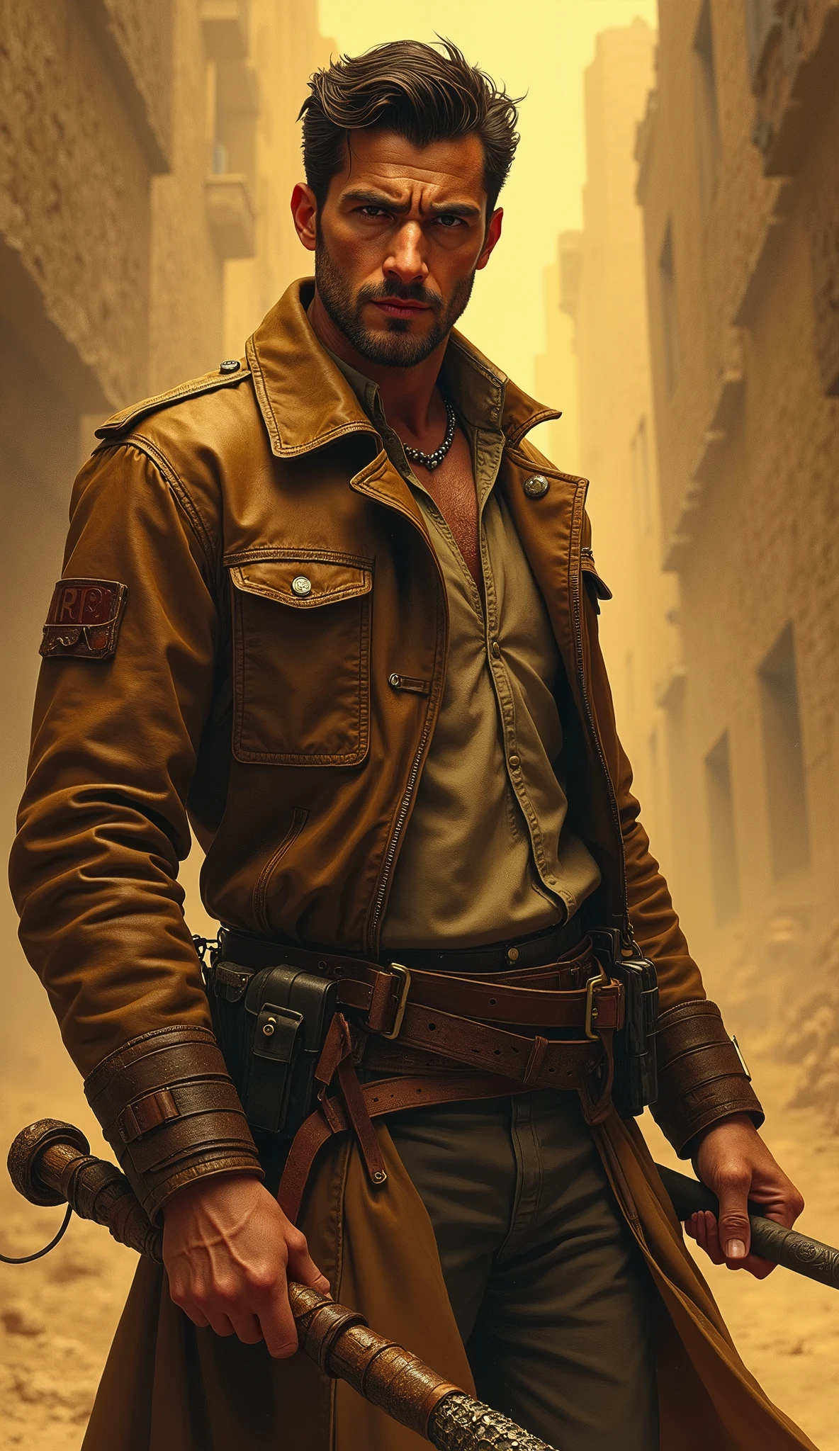 Arafed man in trench coat holding two swords in a dusty city - SeaArt AI
