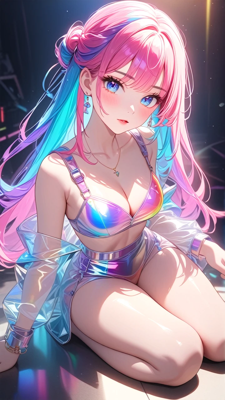 (Masterpiece, best quality:1.2, ) 1 girl,multicolor hair,beautiful, transparent color PVC clothing, transparent color vinyl clothing, prismatic, holographic, chromatic aberration, cute, detailed eyes, detailed lips, vivid colors, studio lighting, physically-based rendering, surreal scene 