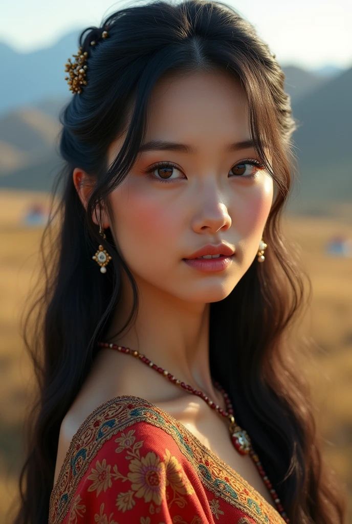 Masterpiece artwork, best quality, Long hair woman, chubby, Caucasian skin, Asian eyes