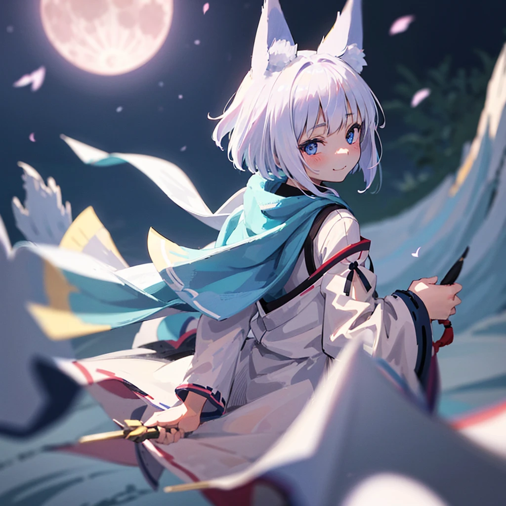 kon, fox, white, tail, ears, cute, moon, beautiful, small, smile, small child, Her eyes are blue and she noticeably has two fox ears and a leaf-shaped tail of straight white fur. On her back she carries her blade.
