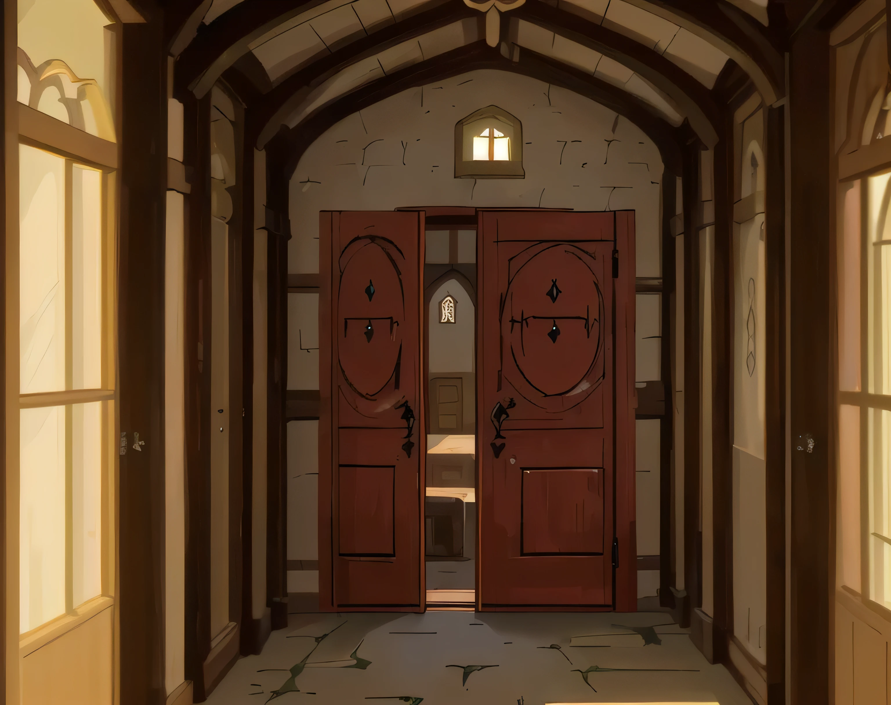 background, a slightly open door in front of the end of the corridor in a medieval-style house, anime drawing
