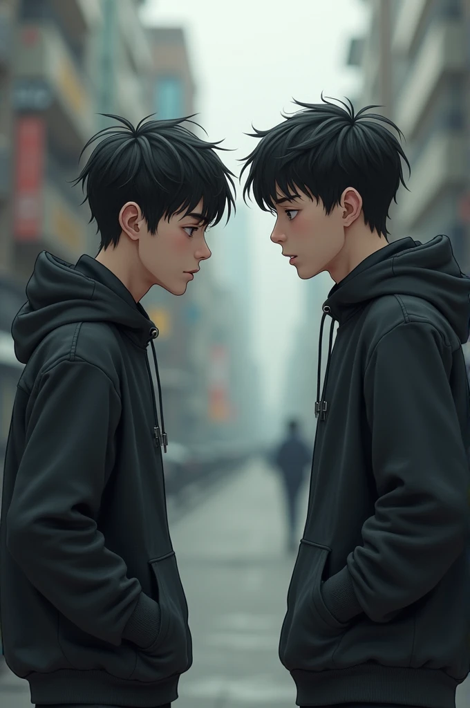 Skinny pale boy with black hair crying while his strong friend with brown hair his