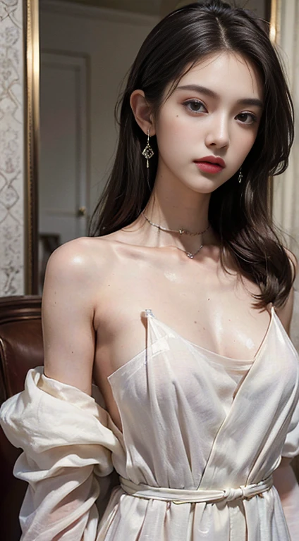 Highest quality、Ultra-high resolution、(Realistic)、18-year-old girl、((((Blouse open))))、((((I can see your nipples)))),Hyper Detail、Super Realistic、(Realistic)、More about beautiful skin、(masterpiece:1.0)、(Highest quality)、(Ultra-high resolution)、8K resolution、Canon EOS R5、135mm、Absurd、Very detailed、Sharp focus、Fine skin、(((Chirarizum、Small breasts)))