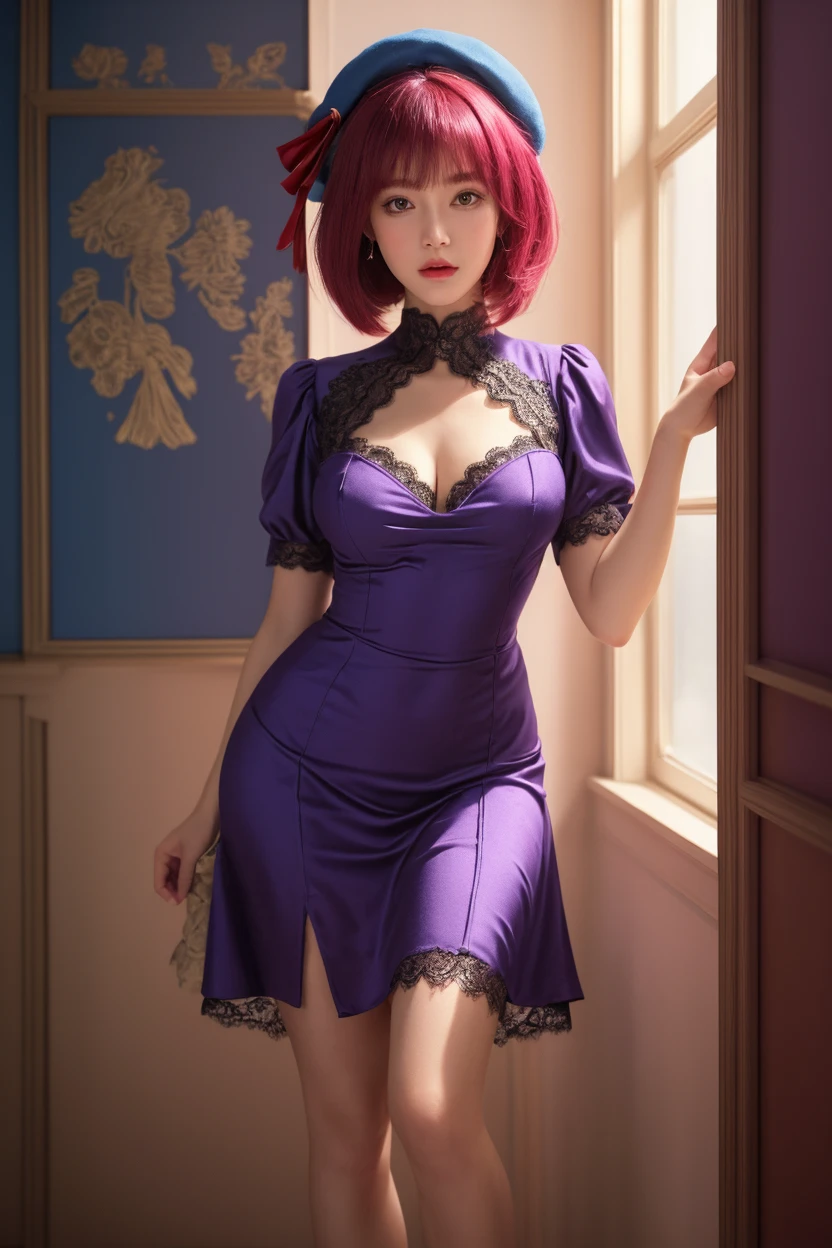 masterpiece, Highest quality, One girl, formal, Two purple eyes, Purple Hair,short hair、G-cup breasts、 wealth, Cowboy Shot, Looking at the audience, dark, (darkness), Cinematic Light, Edge Light, Detailed eyes, (Pure Eros Face_v1:0.5), Looking at the audience, (Reality: 1.2), Provocative, Honkai Star Remains, arrogant, Bang in the face of evil, Fantasy Background, Symmetry of the left and right eyes