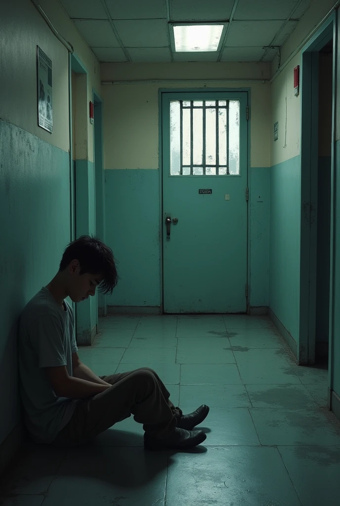 40-year-old man with black hair and a healed wound on his calf, And he's on a chair in a very dark empty room at night and you can see that the room is very dirty