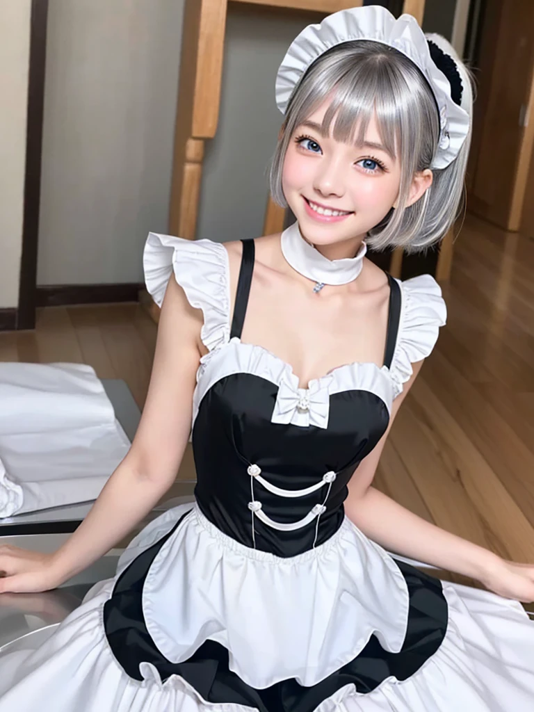 1girl, apron, blue_eyes, breasts, cleavage, day, dress, garter_straps, hair_ribbon, indoors, looking_at_viewer, maid, maid_apron, maid_headdress, red_ribbon, ribbon, short_sleeves, silver_hair, solo, thighhighs, waist_apron, white_apron, white_legwear, window