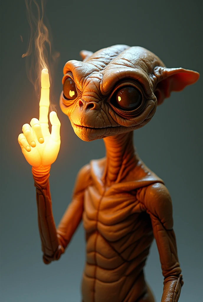 A hyper-realistic 4k alien, giving the thumbs down symbol with large detailed sad expressive eyes, highly detailed, cinematic lighting, volumetric fog, dramatic composition, photorealistic, intricate details, vibrant colors, seamless blending, masterpiece