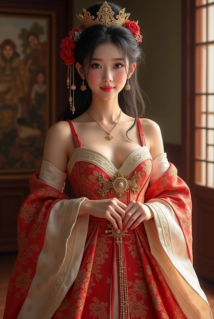 masutepiece、masutepiece、ultra-definition、accurate depiction、extremely high detail、8K picture quality、one girls、(30-year-old woman with、30-years old)、small head、Beautiful and neat face、a blond、short-cut、Blue eyes、perfect glossy skin、((tre anatomically correct))、Perfect body:1.1、high-level image quality、masterpiece、Look at viewers、(Red Princess Dress、Golden flower embroidery)、A transparent veil was lightly hung over her head、A simple golden pendant around her neck、sexypose、large full breasts:1.3、the royal palace、Large stained glass windows、Enveloping her presence with delicate particles、Soft light、divine atmosphere、Let them shine、Photoreal Stick