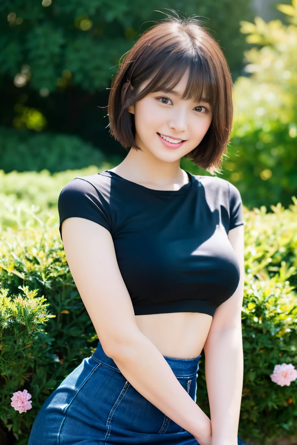 A beautiful young Japanese woman with detailed eyes, beautiful lips, and a charming smile, expressing joy and happiness, looking directly at the camera, in a high-quality, photorealistic, 8K resolution image, with a delicate and refined aesthetic, vibrant colors, and magical lighting.Highest quality, masterpiece, High resolution, Realistic, RAW Photos, 8k wallpaper, perfection, ((One beautiful woman)), 24-years-old, Sexy Woman, ((Black short sleeve T-shirt, mini skirt)), Shapely breasts, ((Looking into the camera)), Detailed face, Beautiful Eyes, ((Look forward)), (upright posture), garden, bangs, Short Bob Hair, Plump and glossy lips