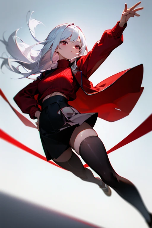 (masterpiece), (best quality), ((high resolution)), fiveseven, long ponytail, wool jacket off the shoulder, black pleated skirt, smile, post-apocalyptic city, dynamic pose, view from above