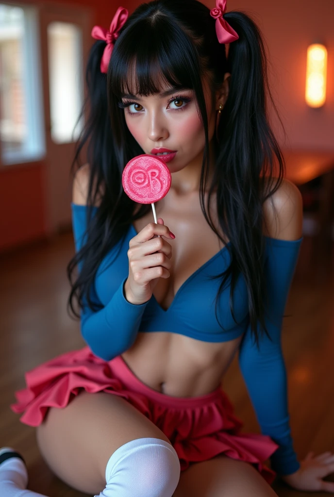 photograph of a dark-haired woman with windblown curls, her hair is intertwined, like a flame against the twilight sky., radiating unbridled beauty, big breasts, wearing a naughty candy costume kinky candy costume (cute candy fantasy) ( (candycosplay) holdind a lolipop in a candy shop