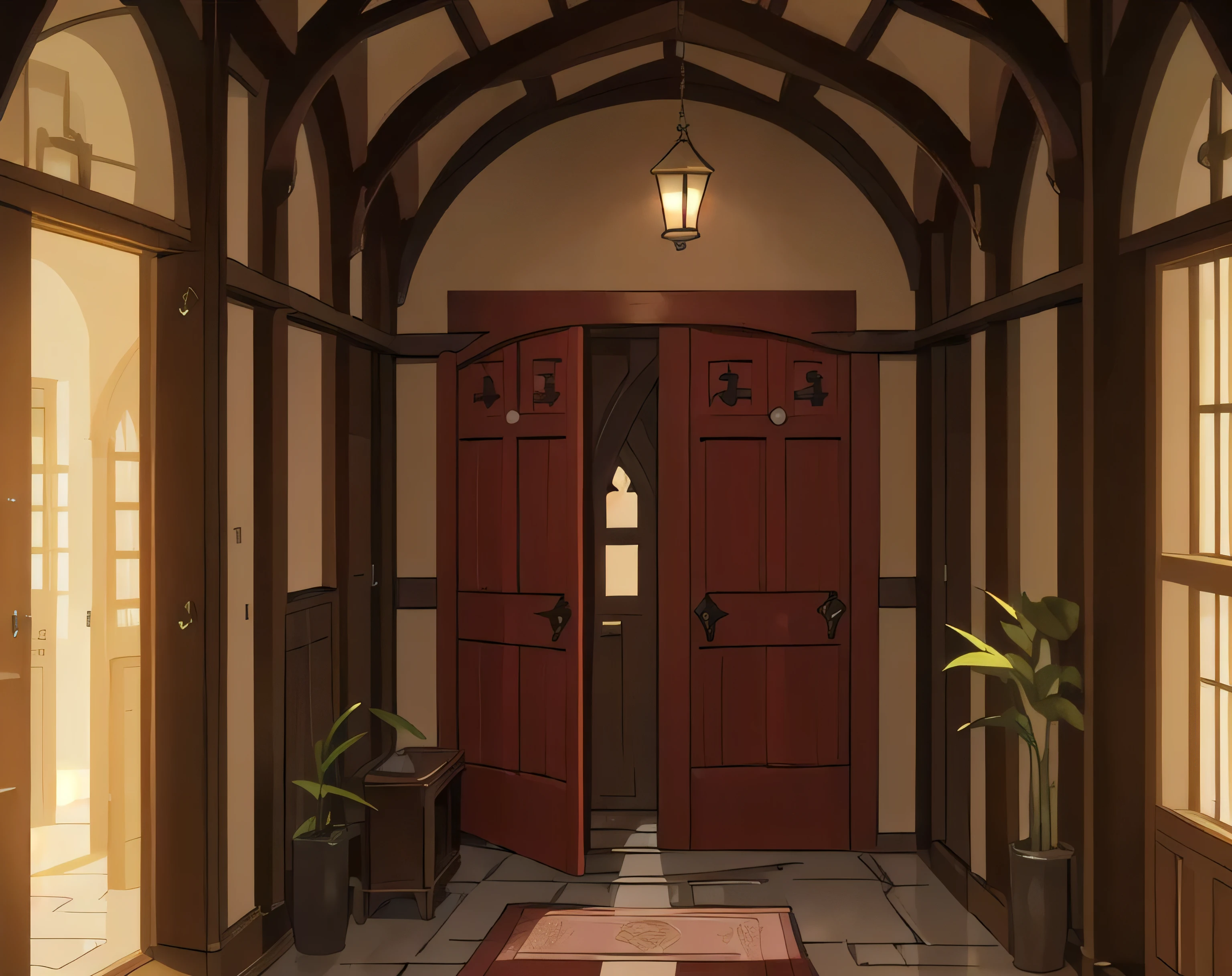 background, a slightly open door in front of the end of the corridor in a medieval-style house, anime drawing