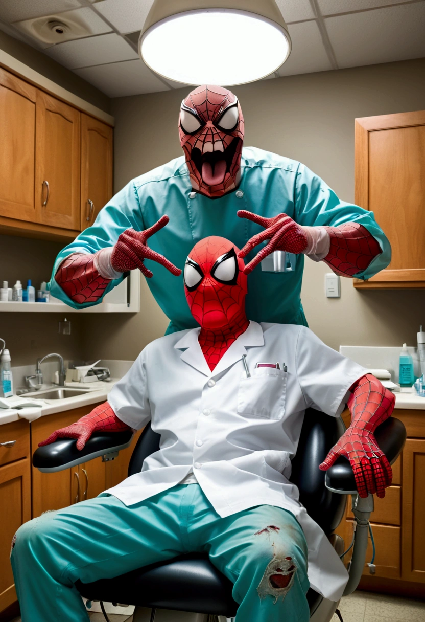 This photo shows a light-hearted and somewhat humorous scene in which Venom, a character known for his menacing appearance, stands with a mother and her child. The mother is smiling warmly, and the child is smiling as he brushes his teeth. Venom, with his big, toothy smile, is leaning in close, holding a toothbrush, adding a fun twist to an otherwise normal family moment. The contrast between Venom's frightening appearance and the everyday activity of brushing teeth creates a quirky and memorable image.