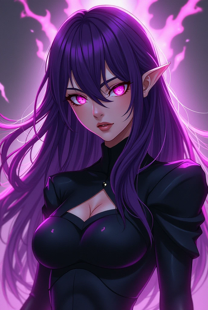 Ultra detailed young evil girl. Evil smile on her face. Villainess. Long dark floating hair. Beautiful makeup on her face. Beautiful eyelashes. Lipstick on her lips. Bright purple eyes. Crazy looking villain. Very colorful, lots of colors. Night background, with cars with bright headlights on behind, illuminating the dark streets.