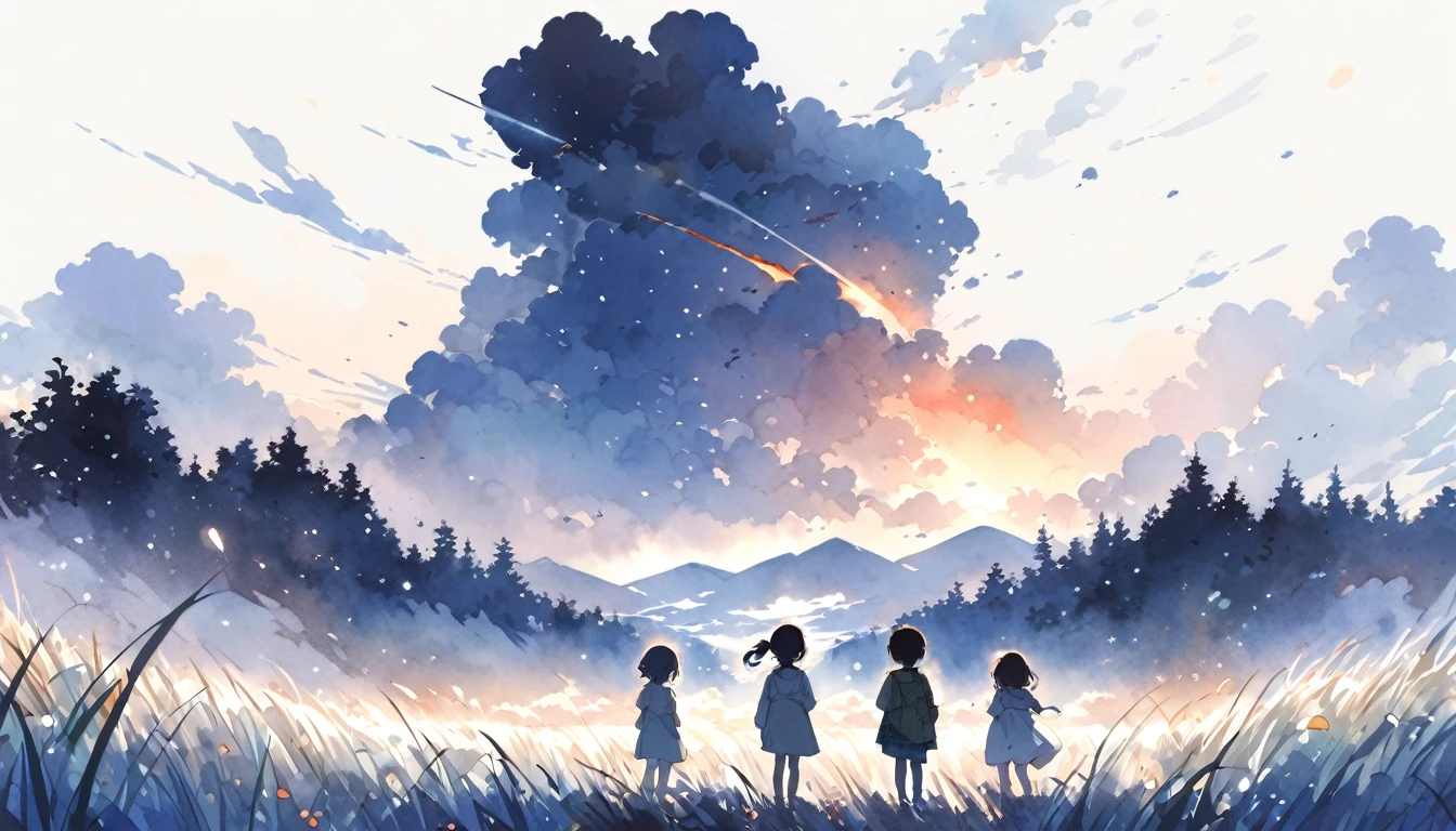 Silhouettes of  standing in a secluded meadow、Cloudless night sky、The meteor group flows、A train is running in the night sky、Scenery of Showa、watercolor、