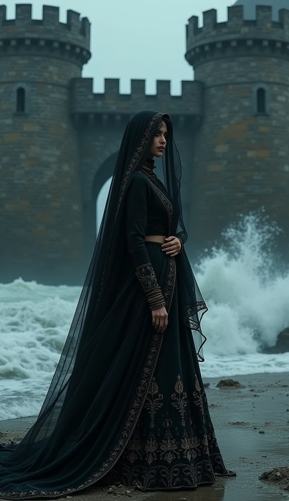 an nesstyle Arabian princess exploring a haunted palace with spectral courtiers, beautiful, wet, damp, <lora:NESStyleXL:1.2>
