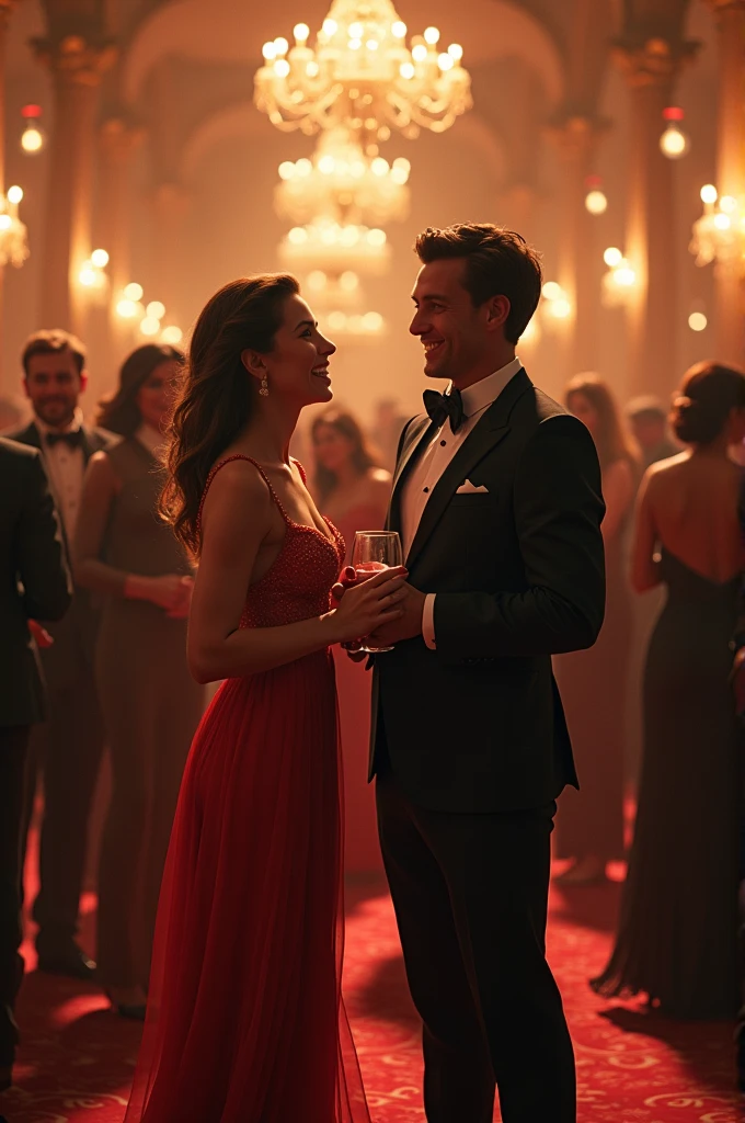 Background image depicting a party of wealthy adults