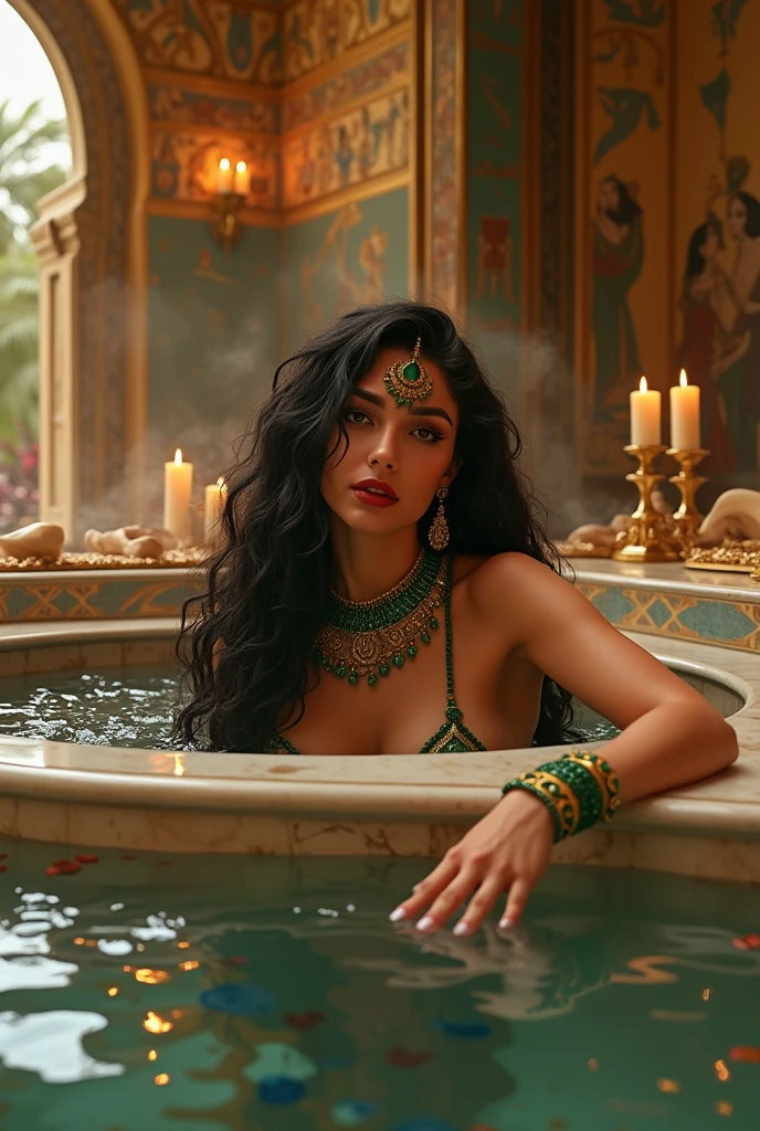 a royal palace interior scene with a steaming pool, sexy young queen alia bhatt bathing in the pool ????? exposing her large hanging breasts and nipples, cinematic soft focus, perfect composition.