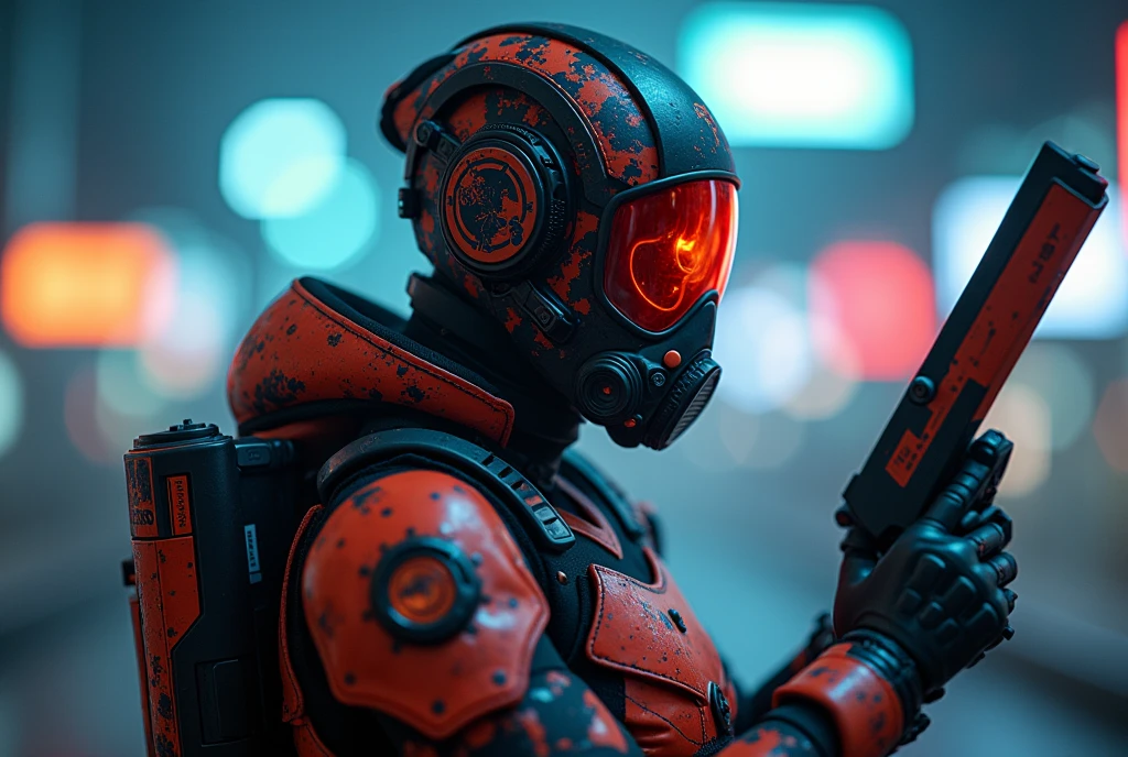 (best quality), future, 1girl, solo, miko motif exoskeleton suit, led, gas mask, holding blade, machinery, digital engraving, ultra highres, absurdres, deep glow effect, hdr, light particles, cinematic lighting, depth of field