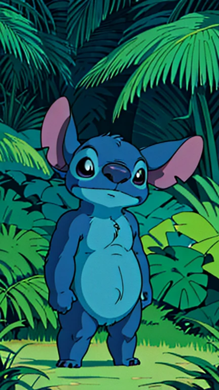 (stitchdisney, chibi, solo), (extremely detailed CG unit 8k wallpaper),(master part), (best quality), (ultra detail), (best illustration),(ghibli style), cowboy shot, (Sharp eyeliner, ombre, detail eyes:1), tropical garden, outdoors , break , (GHIBLI_Background), upper body, standing, looking at viewer, head marings, ambiguous gender