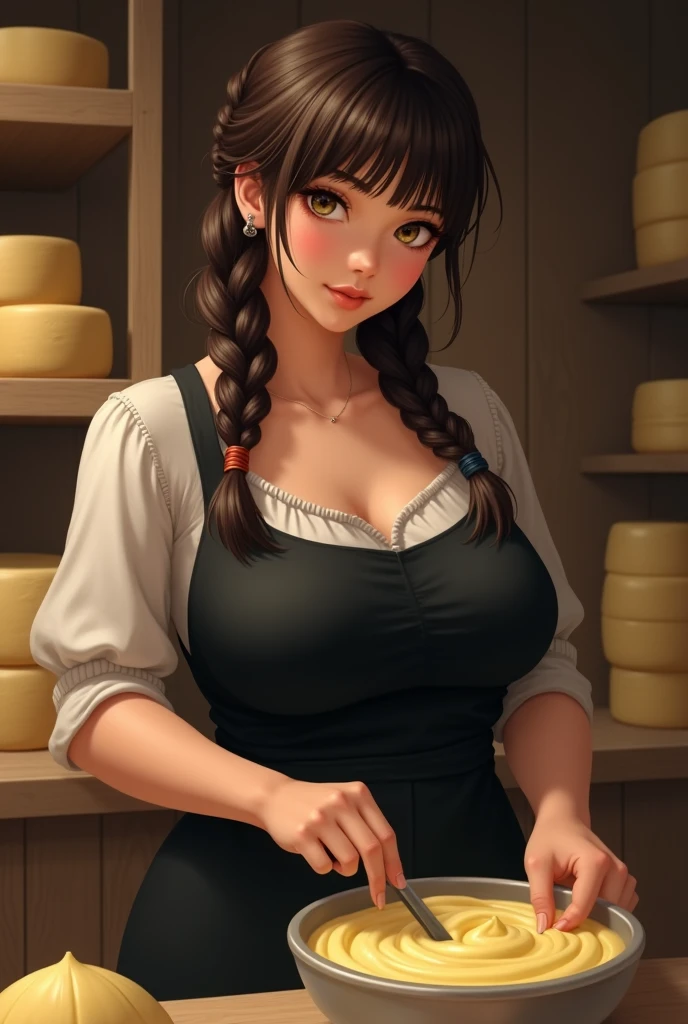 smiths daughter, leather apron, flour on face, full breasts, skirt, brown hair in a braid