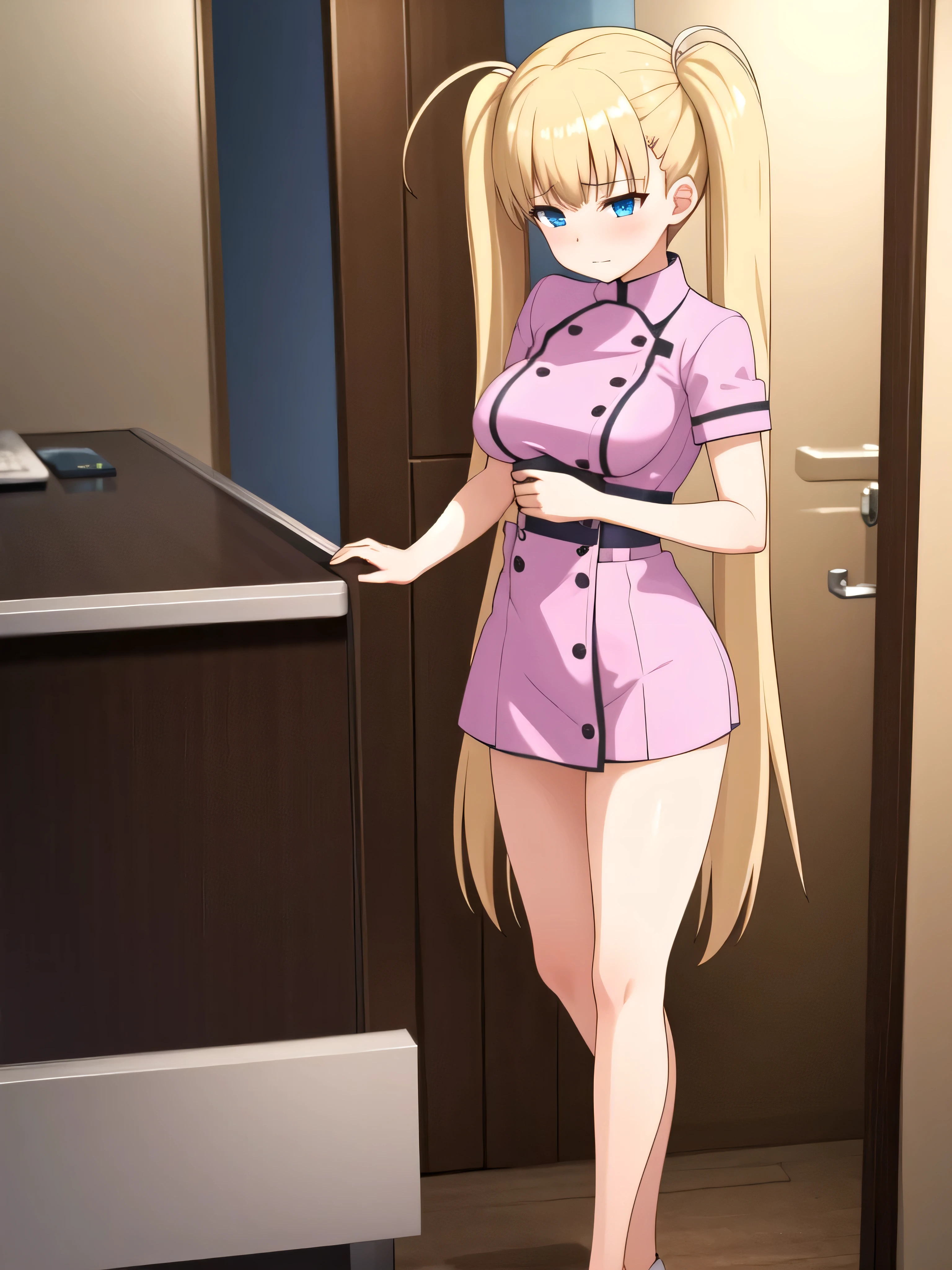 (masterpiece, Best Quality:1.2), absurdities, perfect anatomy, owtech, stylized, 1 girl, full body, looking at the viewer, blunt bangs, Focus only, Soft lighting, (blue eyes), blonde hair, very long hair, twintails, Airi Akizuki, breast, A beautiful and seductive girl, sexy body, sexy nurse, showing her own breast, pink nipple,