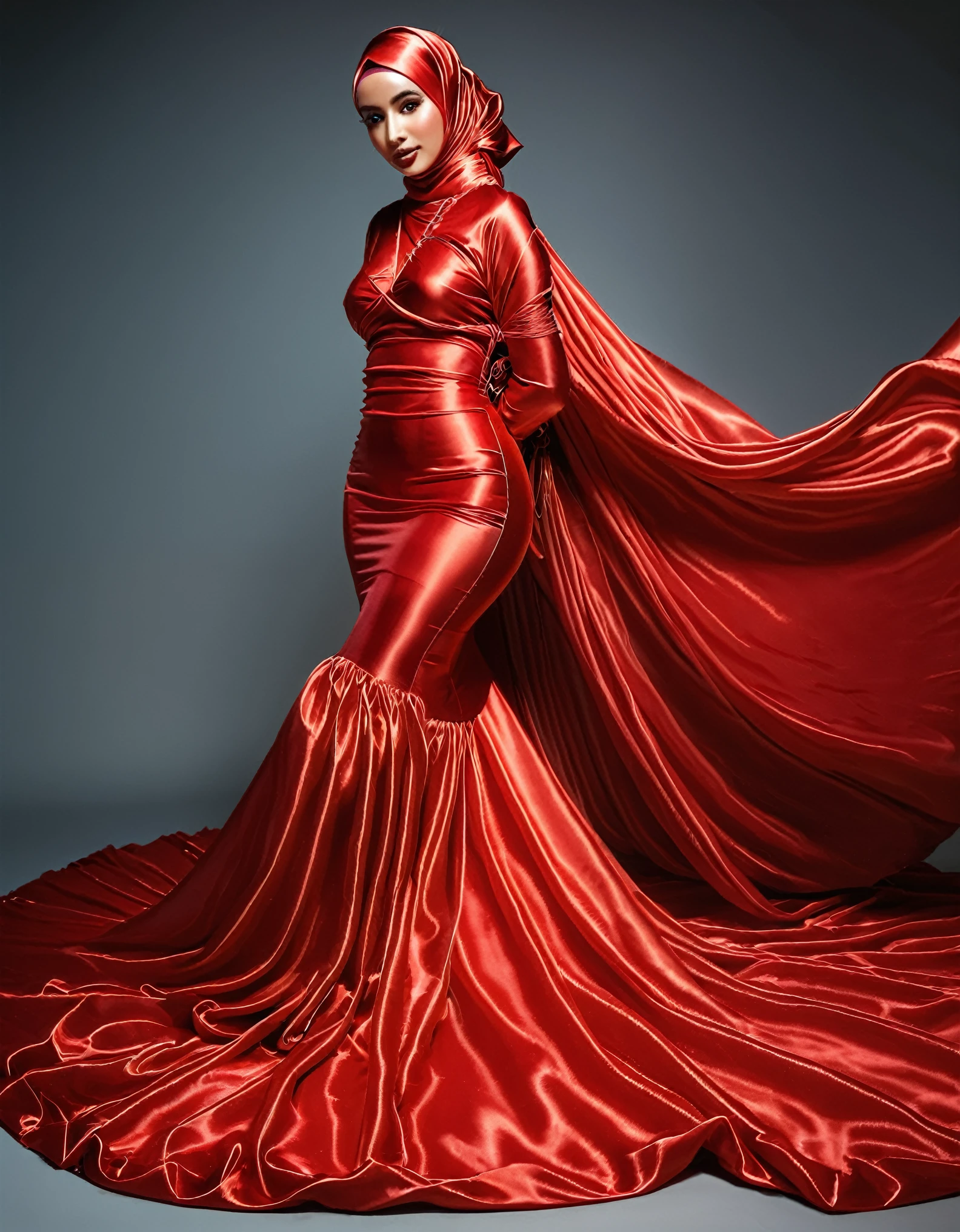 A woman shrouded in a 9-meter-long, plush redtransparent satin shimmer cloth, tightly bound and grandly draping along the form of her body, flowing off into a pooled floor-length train, styled in a mermaid-inspired outfit with ballon sleeve, her head modestly veiled in a satin shimmer hijab, tall woman,standing in photo studio, a full-body pose conveying a sense of elegance, captured in a 4k resolution, ultra-realistic